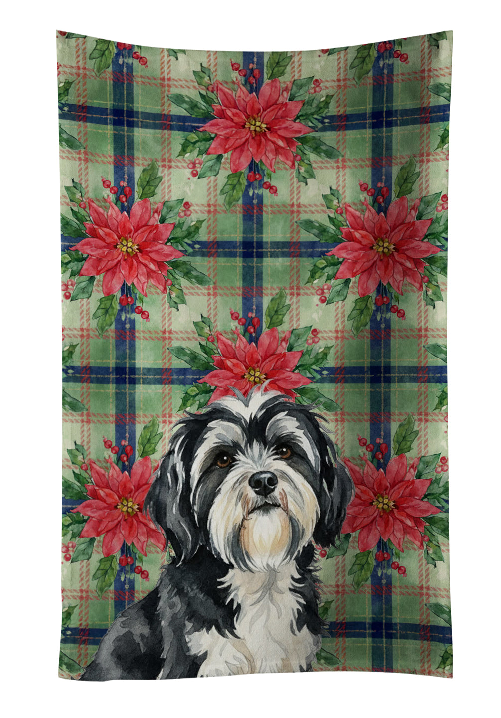 Black and White Tibetan Terrier Christmas PoinsettIas Kitchen Towel Velour Plush Front and Cotton Loop Back Machine Washable
