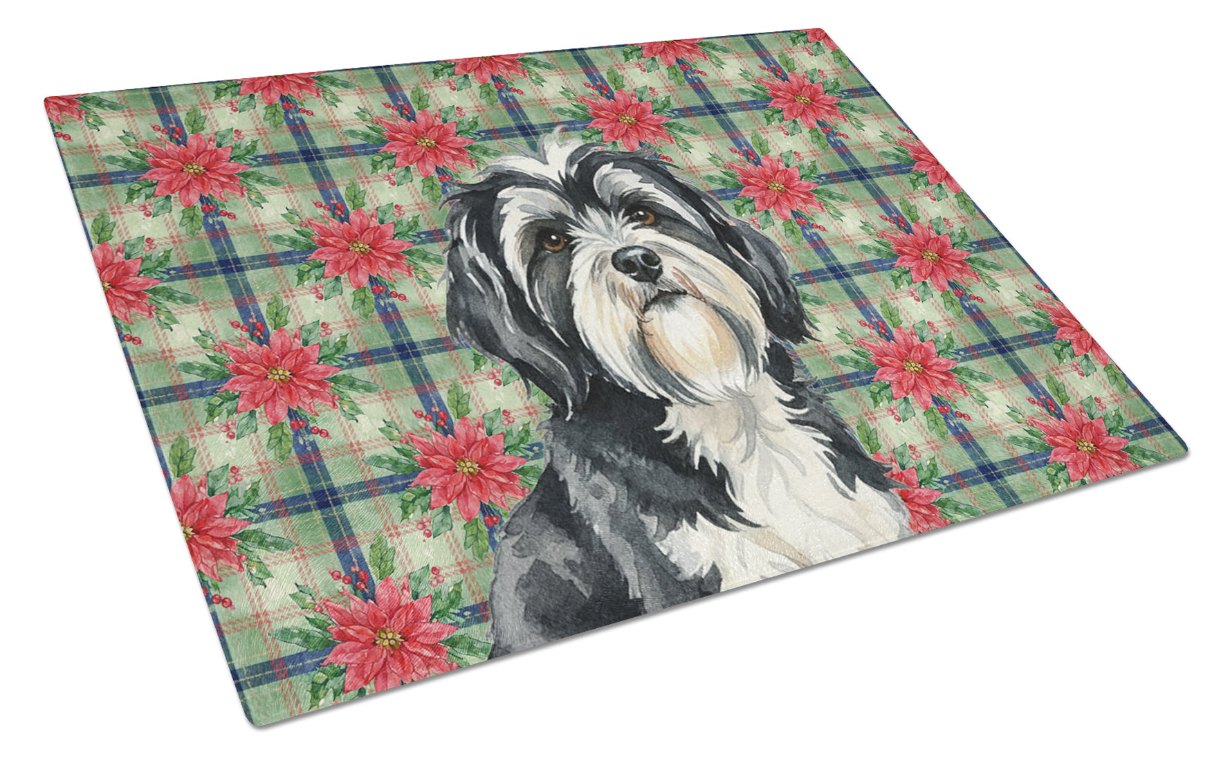 Black and White Tibetan Terrier Christmas PoinsettIas Cutting Board Tempered Glass Kitchen Cutting Surface, Heat Resistant Chopping, Non-Slip Feet, Food Prep & Serving