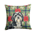 Black and White Tibetan Terrier Christmas PoinsettIas Decorative Throw Pillow 18x18 Indoor Outdoor Accent Cushion, Fabric Cover with Insert for Sofa, Bed, Porch & Living Room