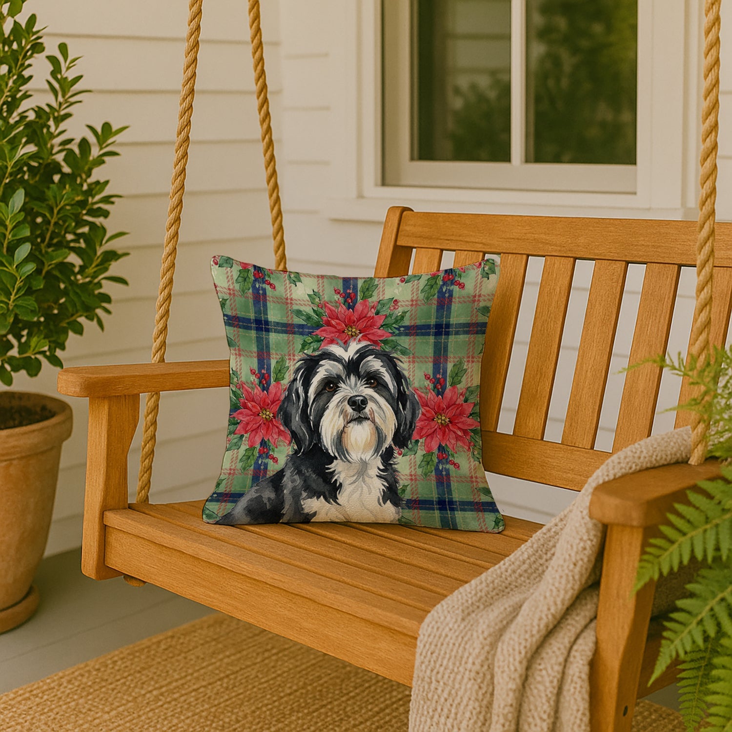 Black and White Tibetan Terrier Christmas PoinsettIas Decorative Throw Pillow 18x18 Indoor Outdoor Accent Cushion, Fabric Cover with Insert for Sofa, Bed, Porch & Living Room
