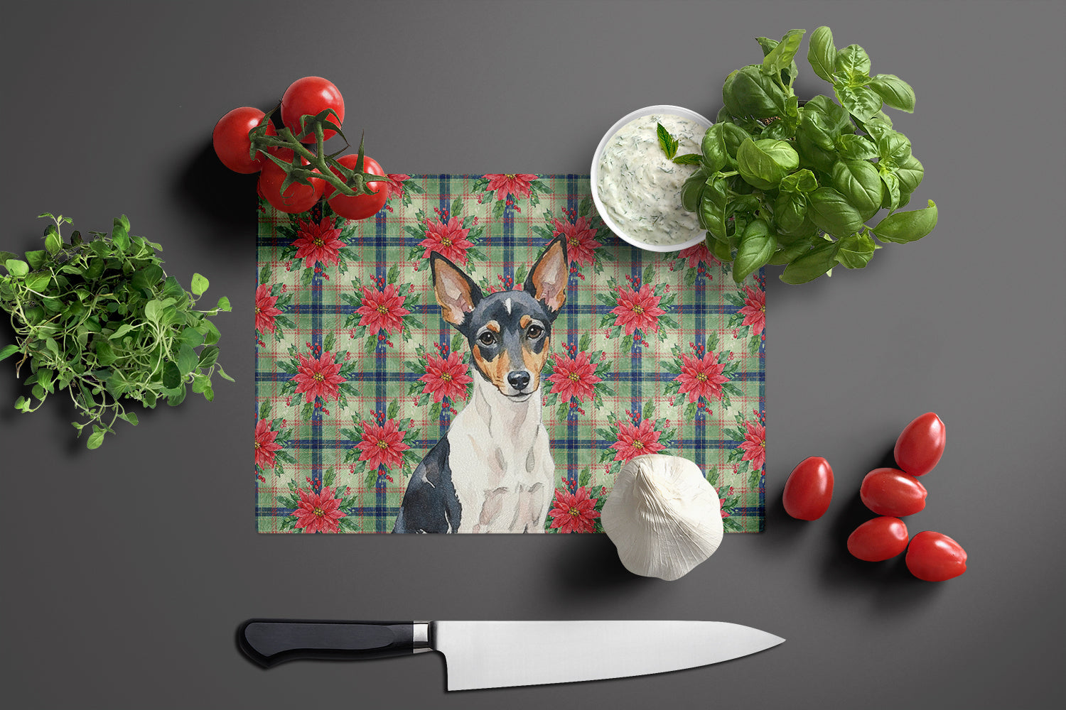 Toy Fox Terrier Christmas PoinsettIas Cutting Board Tempered Glass Kitchen Cutting Surface, Heat Resistant Chopping, Non-Slip Feet, Food Prep & Serving