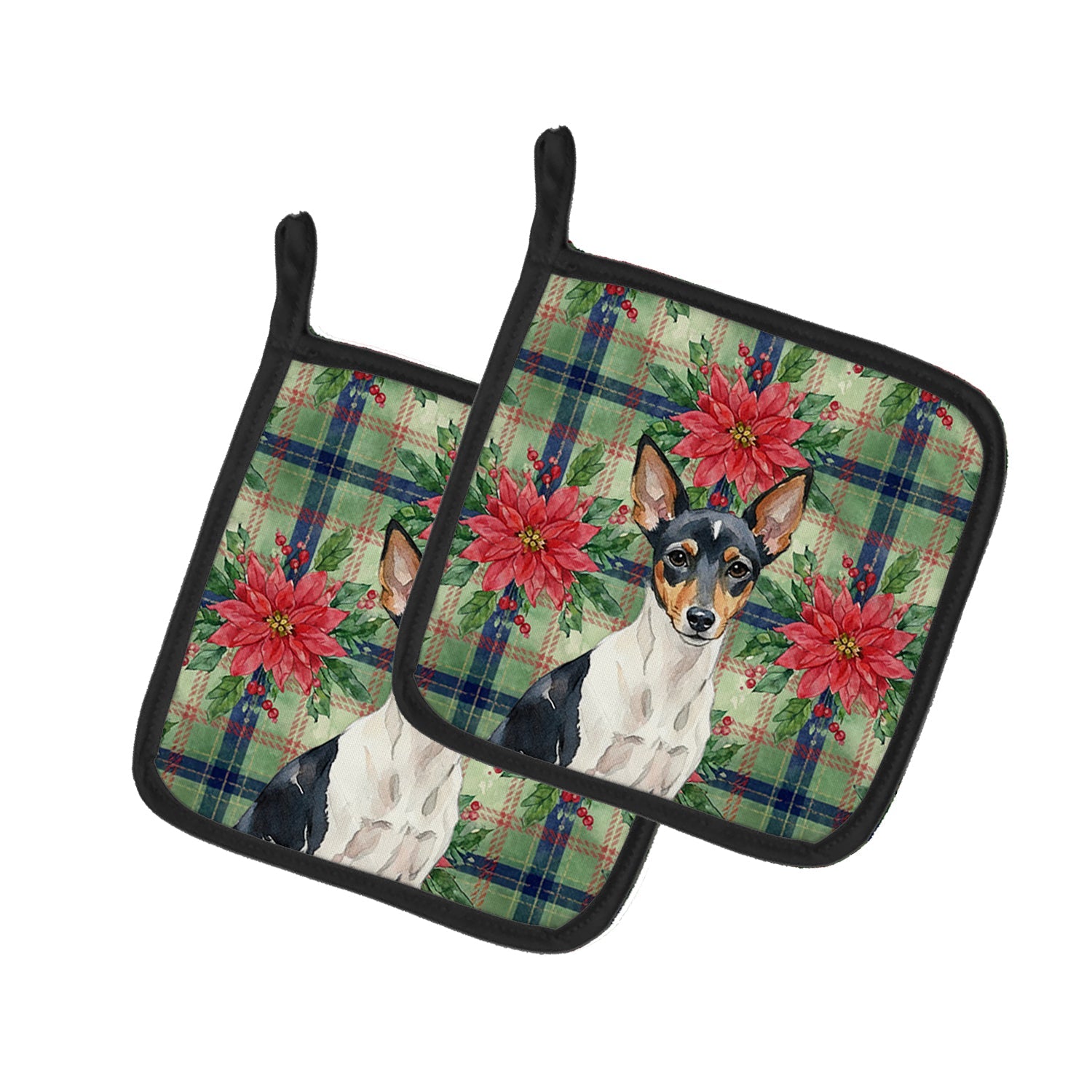 Toy Fox Terrier Christmas PoinsettIas Pot Holder Set of 2 Heat Resistant Quilted Hot Pads 7.5 x 7.5 Inch, Insulated Kitchen Trivets for Cooking & Baking