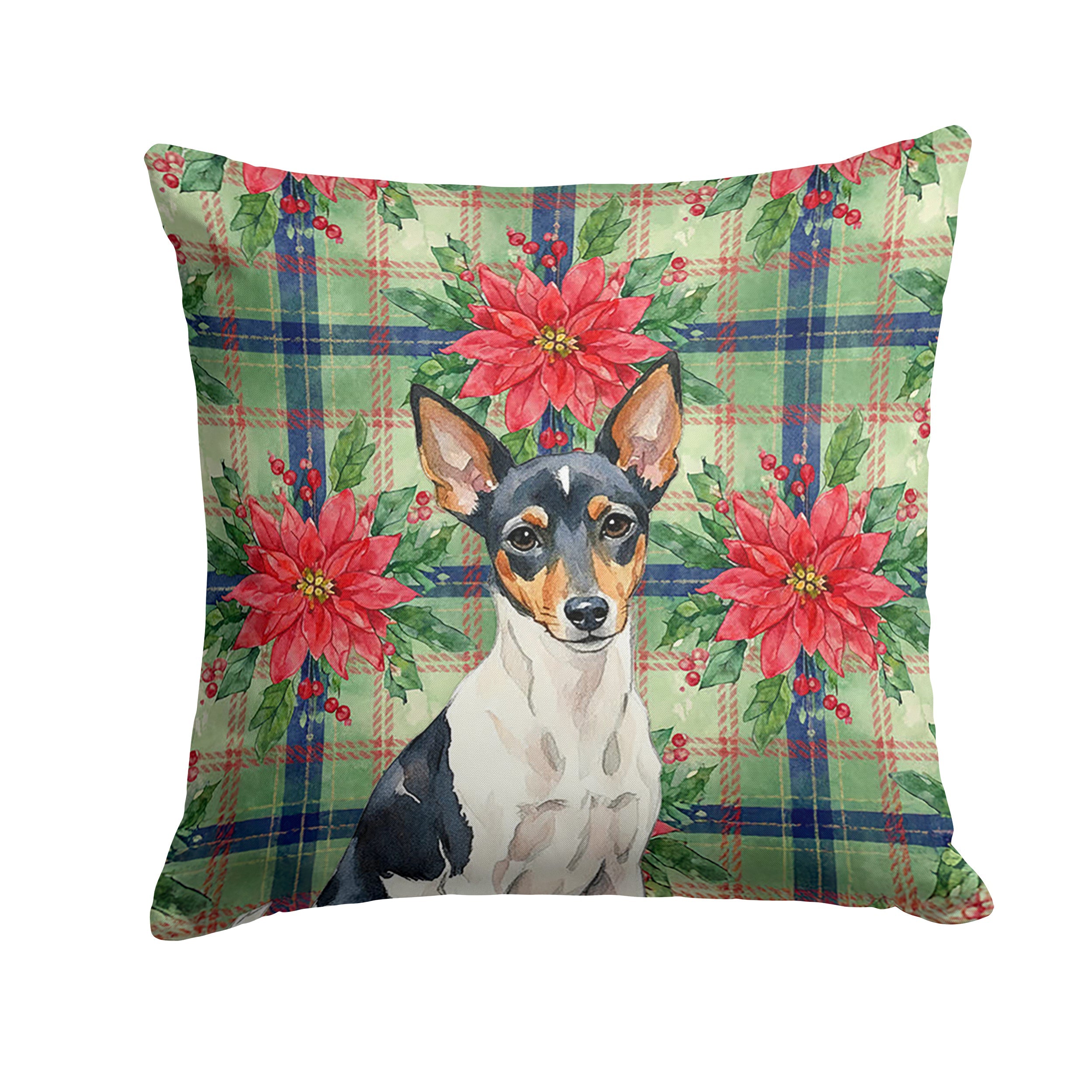Toy Fox Terrier Christmas PoinsettIas Decorative Throw Pillow 18x18 Indoor Outdoor Accent Cushion, Fabric Cover with Insert for Sofa, Bed, Porch & Living Room