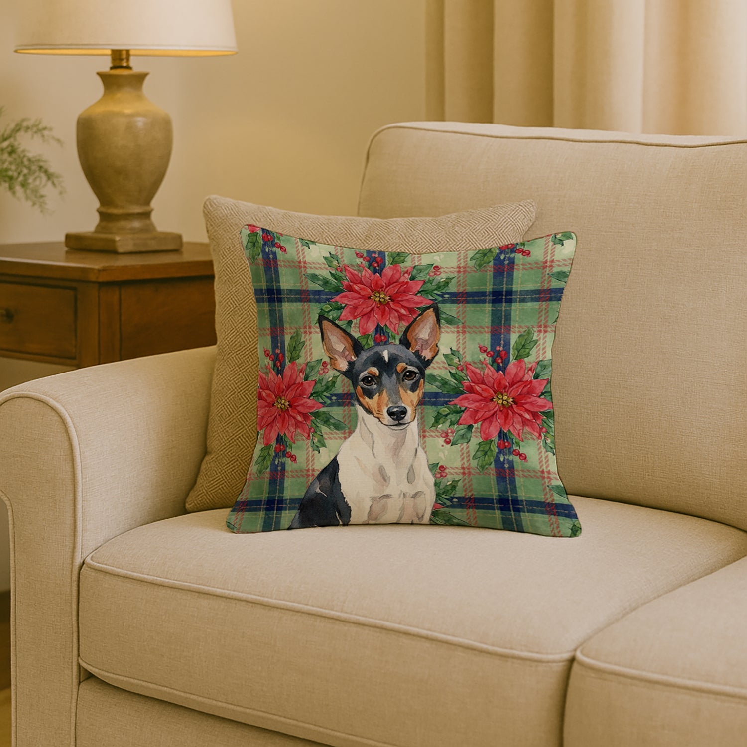 Toy Fox Terrier Christmas PoinsettIas Decorative Throw Pillow 18x18 Indoor Outdoor Accent Cushion, Fabric Cover with Insert for Sofa, Bed, Porch & Living Room