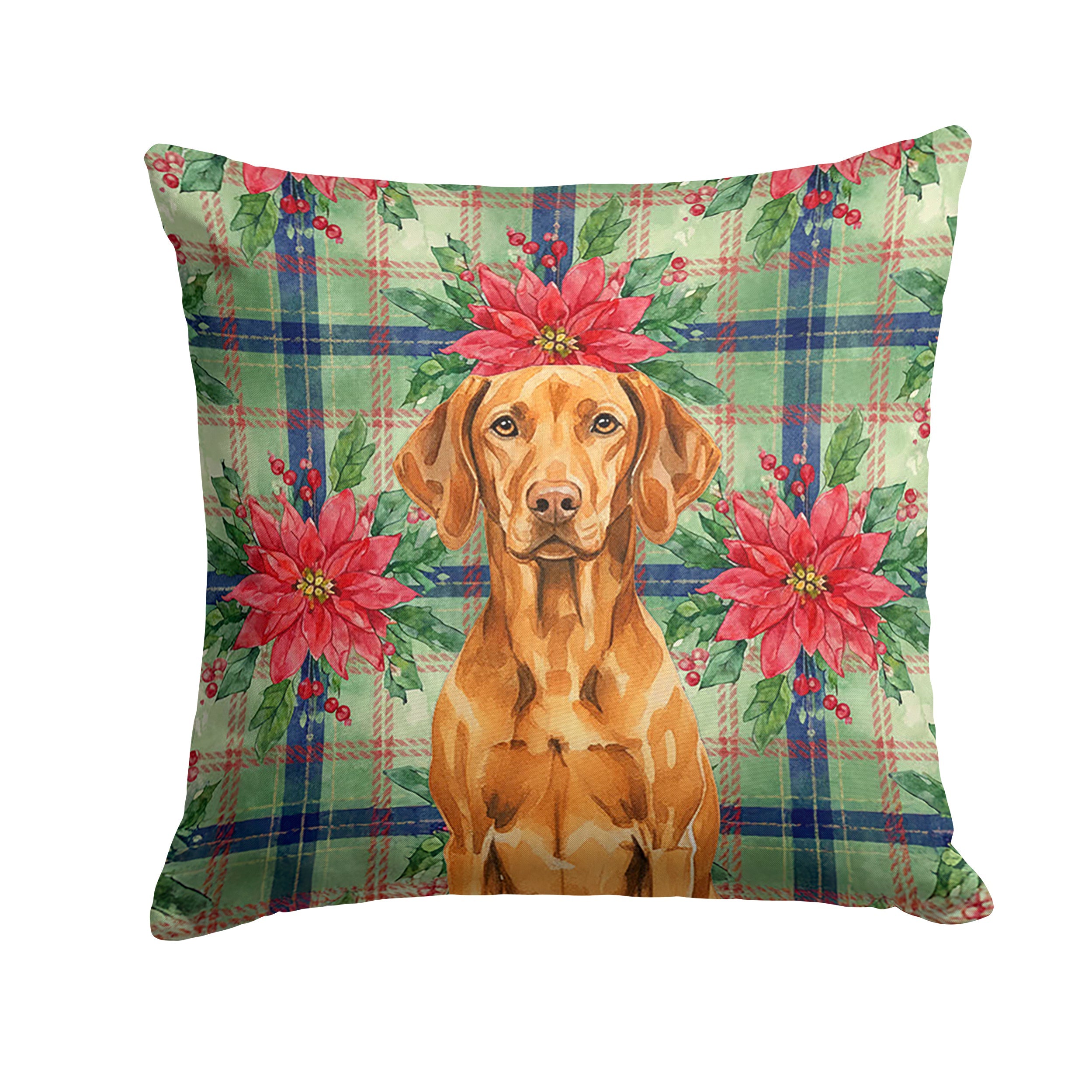 Vizsla Christmas PoinsettIas Decorative Throw Pillow 14x14 Indoor Outdoor Accent Cushion, Fabric Cover with Insert for Sofa, Bed, Porch & Living Room