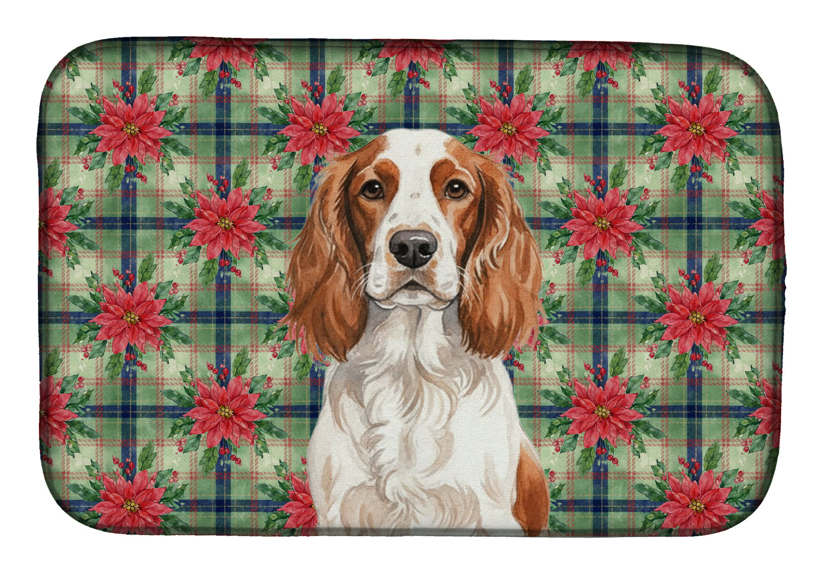 Welsh Springer Spaniel Christmas PoinsettIas Dish Drying Mat Absorbent Dish Drying Mat Pad for Kitchen Counter Dish Drainer Mat for Countertop, 14 x 21", Multicolor