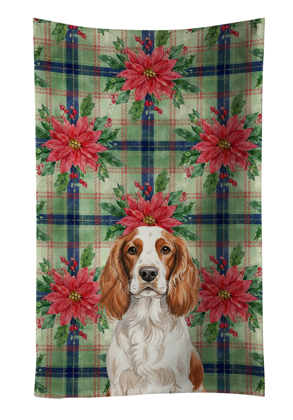 Welsh Springer Spaniel Christmas PoinsettIas Kitchen Towel Velour Plush Front and Cotton Loop Back Machine Washable