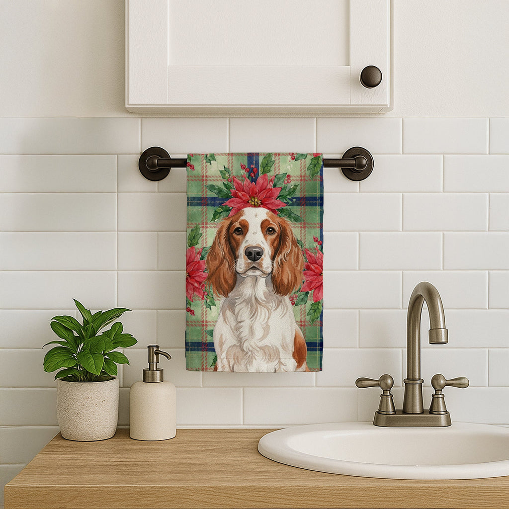 Welsh Springer Spaniel Christmas PoinsettIas Kitchen Towel Velour Plush Front and Cotton Loop Back Machine Washable