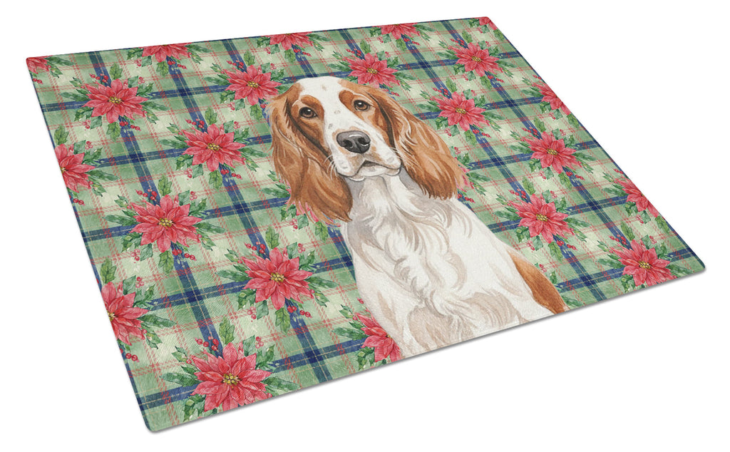 Welsh Springer Spaniel Christmas PoinsettIas Cutting Board Tempered Glass Kitchen Cutting Surface, Heat Resistant Chopping, Non-Slip Feet, Food Prep & Serving