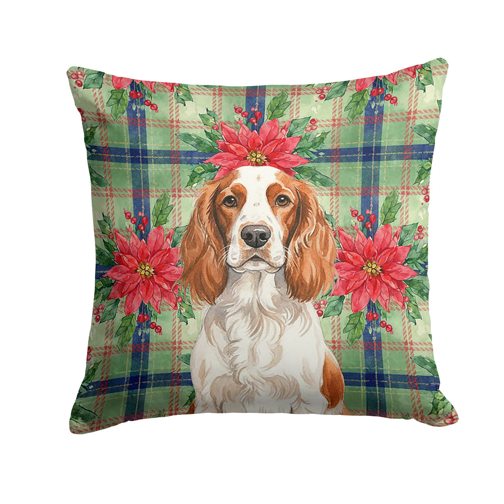 Welsh Springer Spaniel Christmas PoinsettIas Decorative Throw Pillow 14x14 Indoor Outdoor Accent Cushion, Fabric Cover with Insert for Sofa, Bed, Porch & Living Room