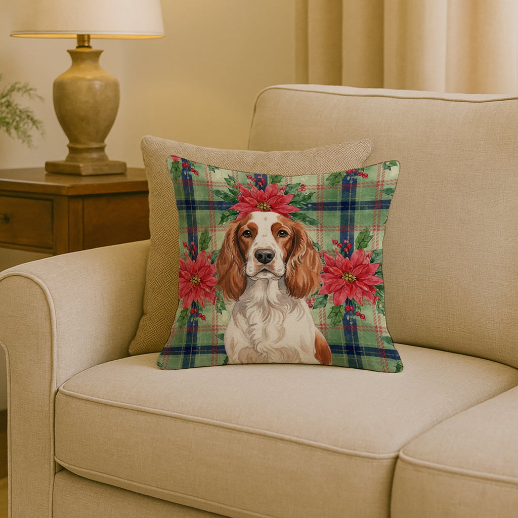 Welsh Springer Spaniel Christmas PoinsettIas Decorative Throw Pillow 18x18 Indoor Outdoor Accent Cushion, Fabric Cover with Insert for Sofa, Bed, Porch & Living Room