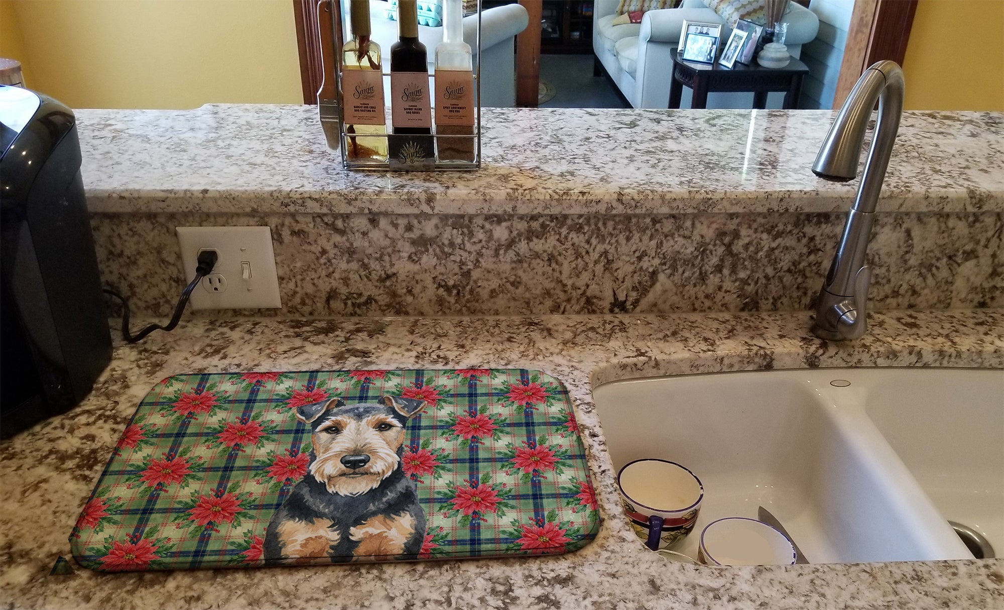 Welsh Terrier Christmas PoinsettIas Dish Drying Mat Absorbent Dish Drying Mat Pad for Kitchen Counter Dish Drainer Mat for Countertop, 14 x 21", Multicolor