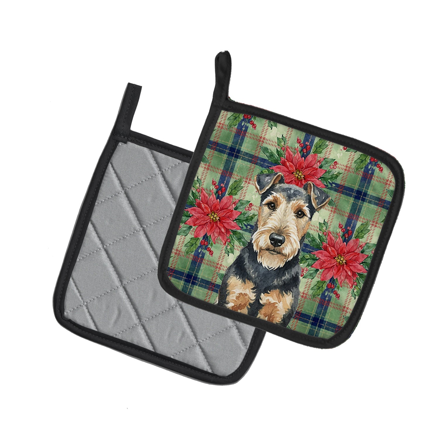 Welsh Terrier Christmas PoinsettIas Pot Holder Set of 2 Heat Resistant Quilted Hot Pads 7.5 x 7.5 Inch, Insulated Kitchen Trivets for Cooking & Baking