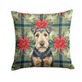 Welsh Terrier Christmas PoinsettIas Decorative Throw Pillow 14x14 Indoor Outdoor Accent Cushion, Fabric Cover with Insert for Sofa, Bed, Porch & Living Room