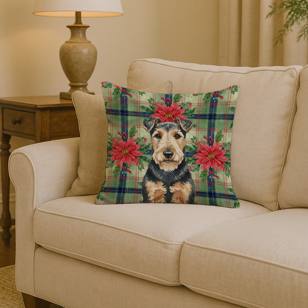 Welsh Terrier Christmas PoinsettIas Decorative Throw Pillow 14x14 Indoor Outdoor Accent Cushion, Fabric Cover with Insert for Sofa, Bed, Porch & Living Room
