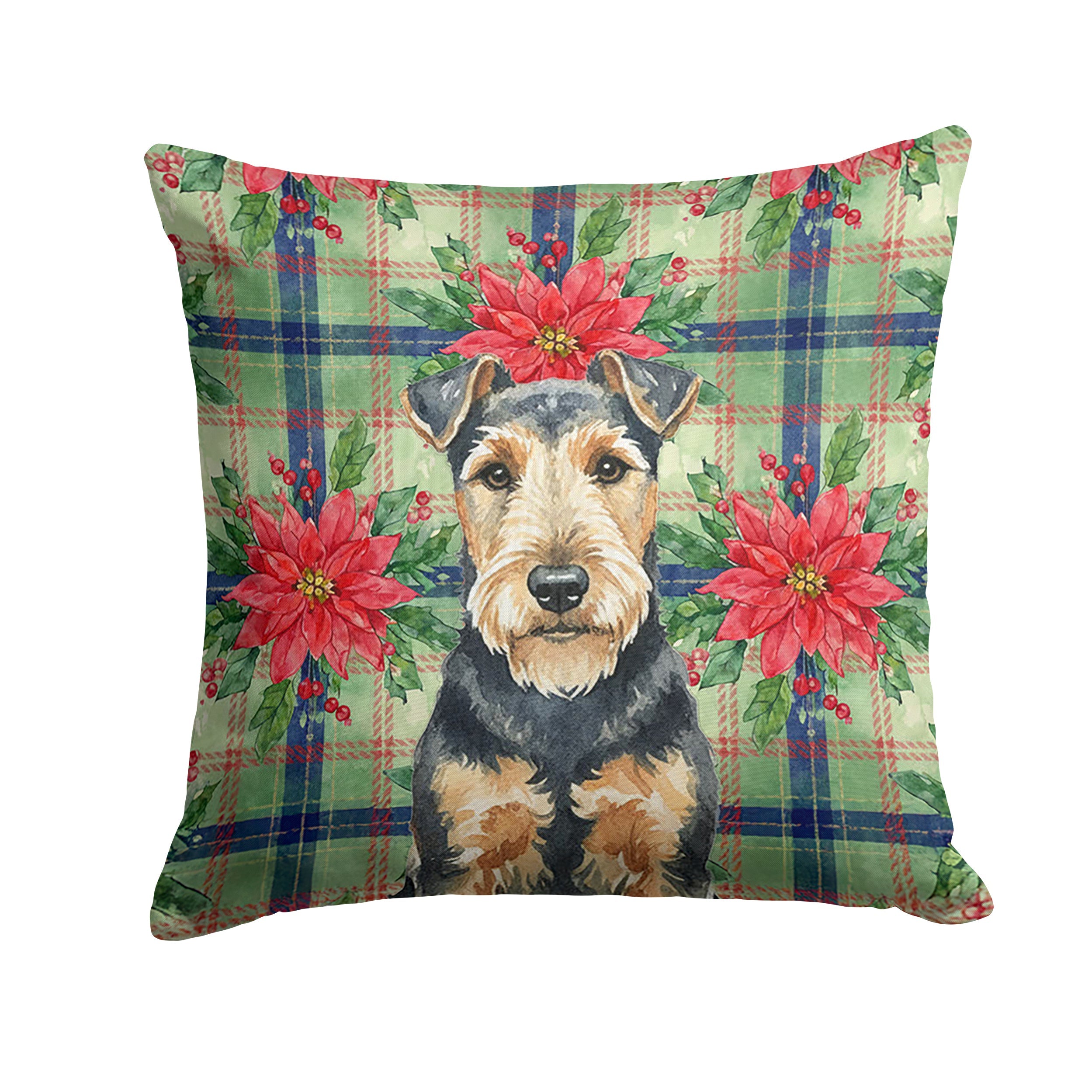 Welsh Terrier Christmas PoinsettIas Decorative Throw Pillow 18x18 Indoor Outdoor Accent Cushion, Fabric Cover with Insert for Sofa, Bed, Porch & Living Room