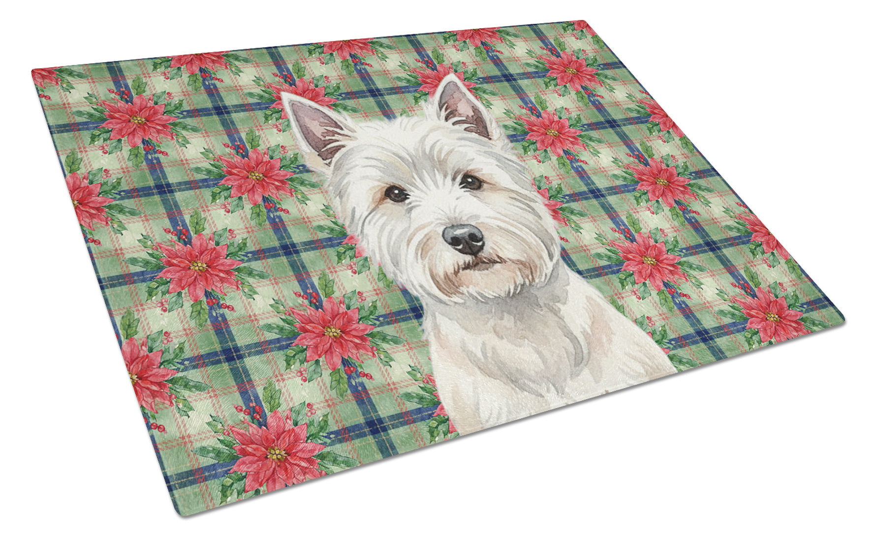 Westie Christmas PoinsettIas Cutting Board Tempered Glass Kitchen Cutting Surface, Heat Resistant Chopping, Non-Slip Feet, Food Prep & Serving