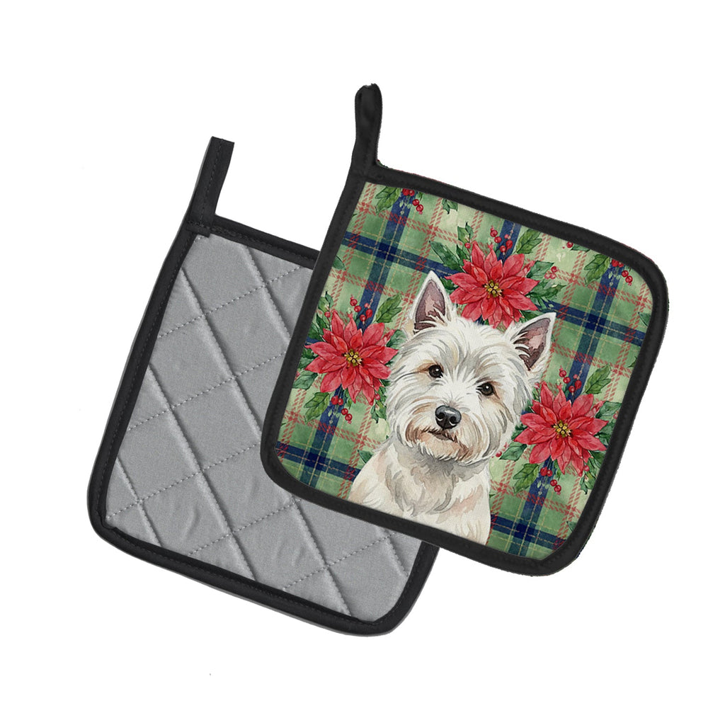 Westie Christmas PoinsettIas Pot Holder Set of 2 Heat Resistant Quilted Hot Pads 7.5 x 7.5 Inch, Insulated Kitchen Trivets for Cooking & Baking