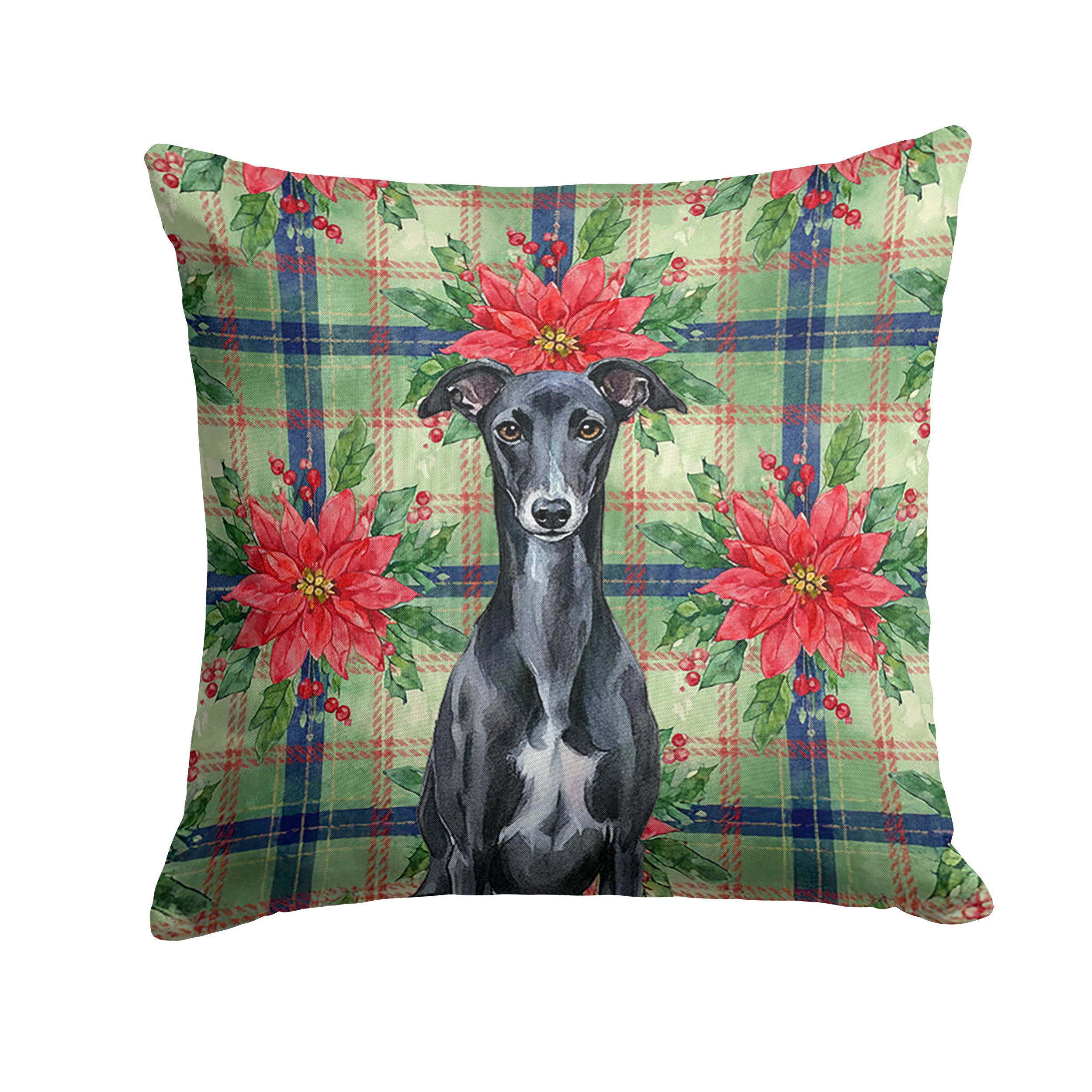 Black Whippet Christmas PoinsettIas Decorative Throw Pillow 14x14 Indoor Outdoor Accent Cushion, Fabric Cover with Insert for Sofa, Bed, Porch & Living Room