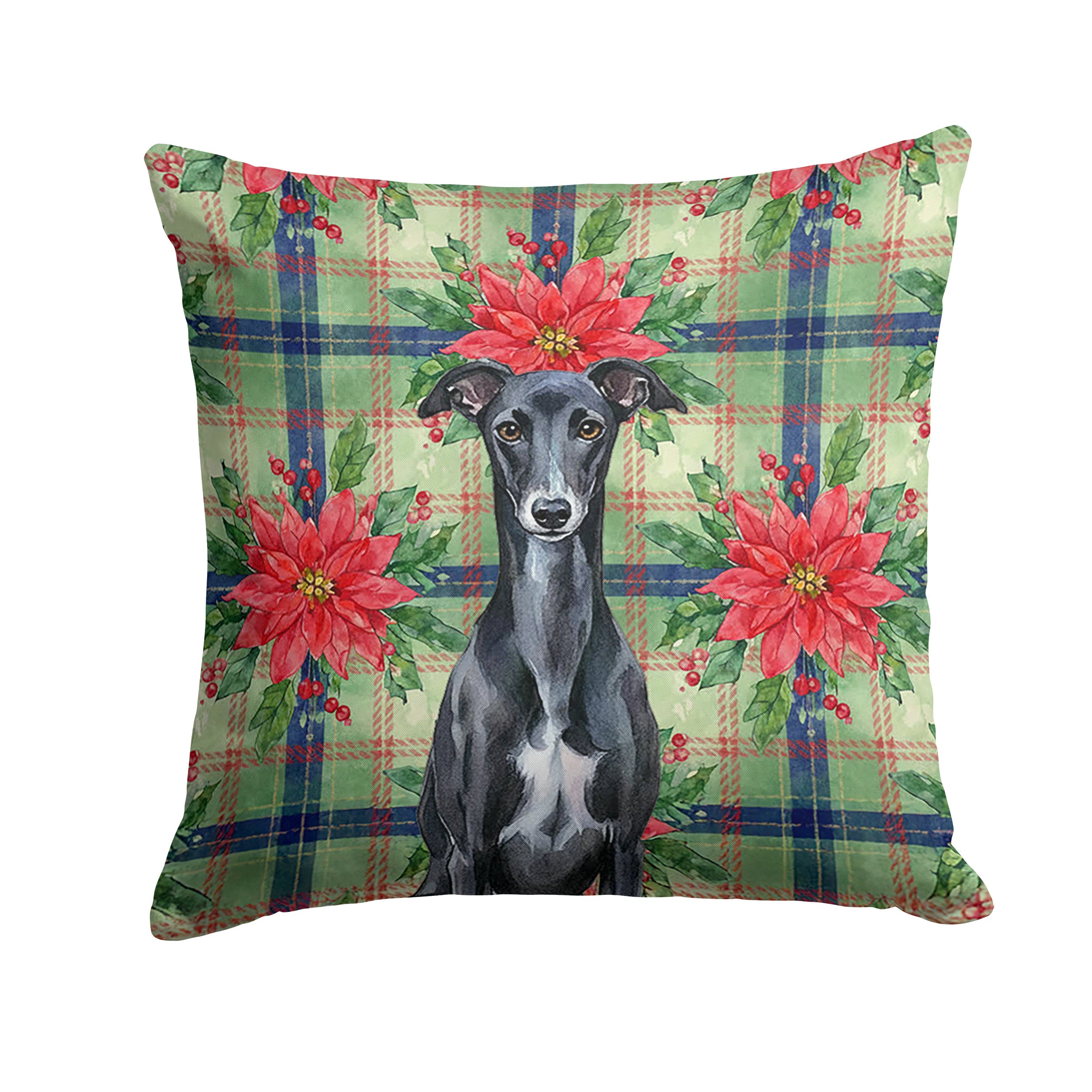 Black Whippet Christmas PoinsettIas Decorative Throw Pillow 18x18 Indoor Outdoor Accent Cushion, Fabric Cover with Insert for Sofa, Bed, Porch & Living Room