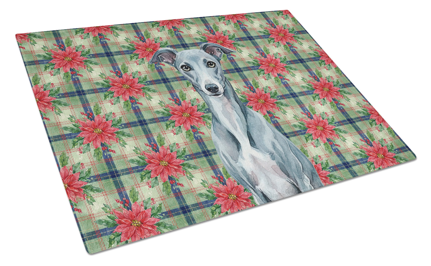 Blue Whippet Christmas PoinsettIas Cutting Board Tempered Glass Kitchen Cutting Surface, Heat Resistant Chopping, Non-Slip Feet, Food Prep & Serving