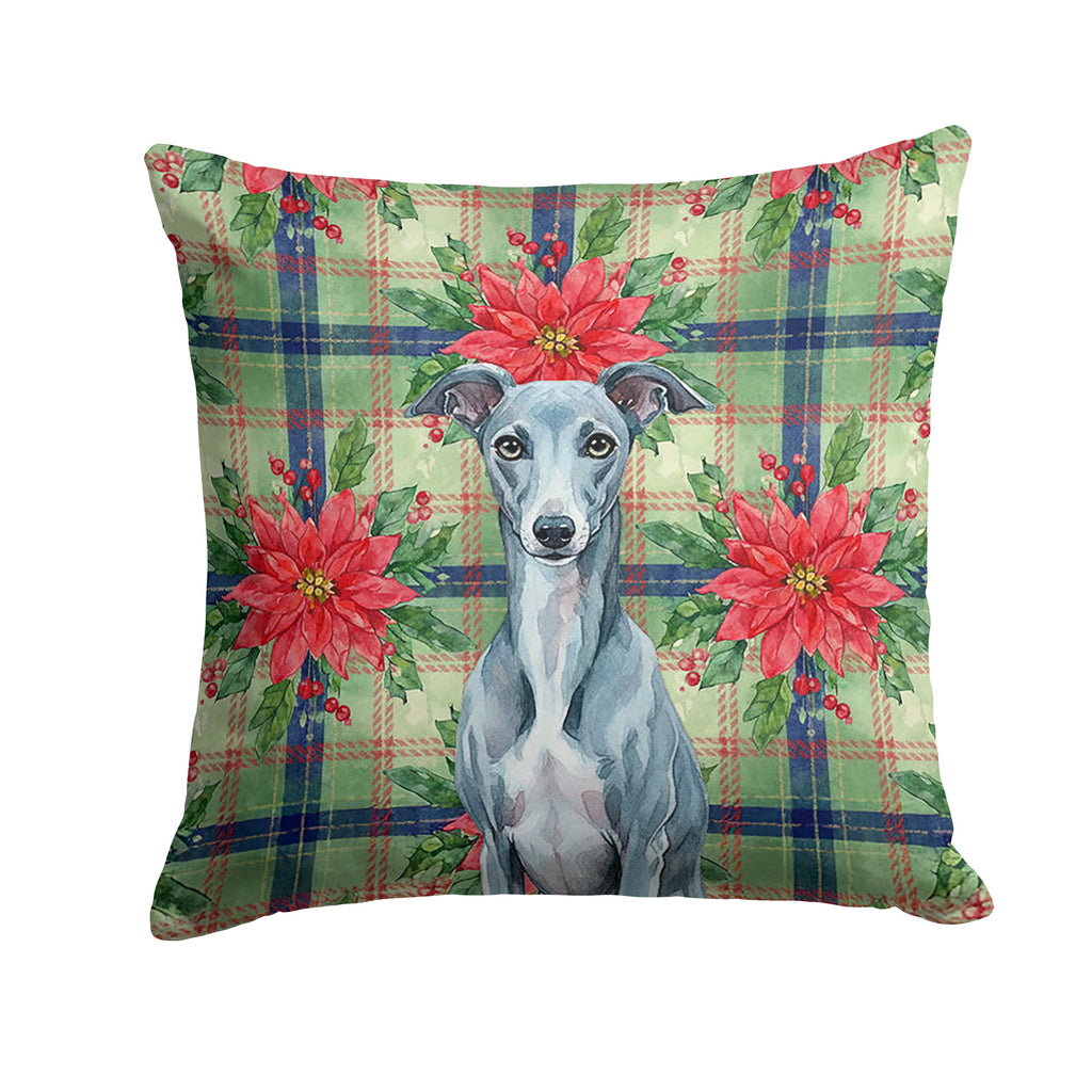 Blue Whippet Christmas PoinsettIas Decorative Throw Pillow 14x14 Indoor Outdoor Accent Cushion, Fabric Cover with Insert for Sofa, Bed, Porch & Living Room