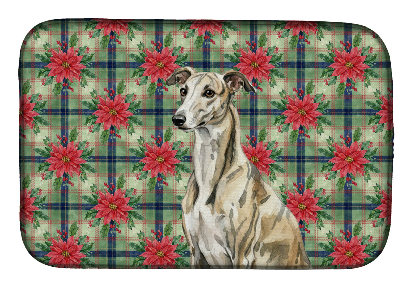Brindle Whippet Christmas PoinsettIas Dish Drying Mat Absorbent Dish Drying Mat Pad for Kitchen Counter Dish Drainer Mat for Countertop, 14 x 21", Multicolor