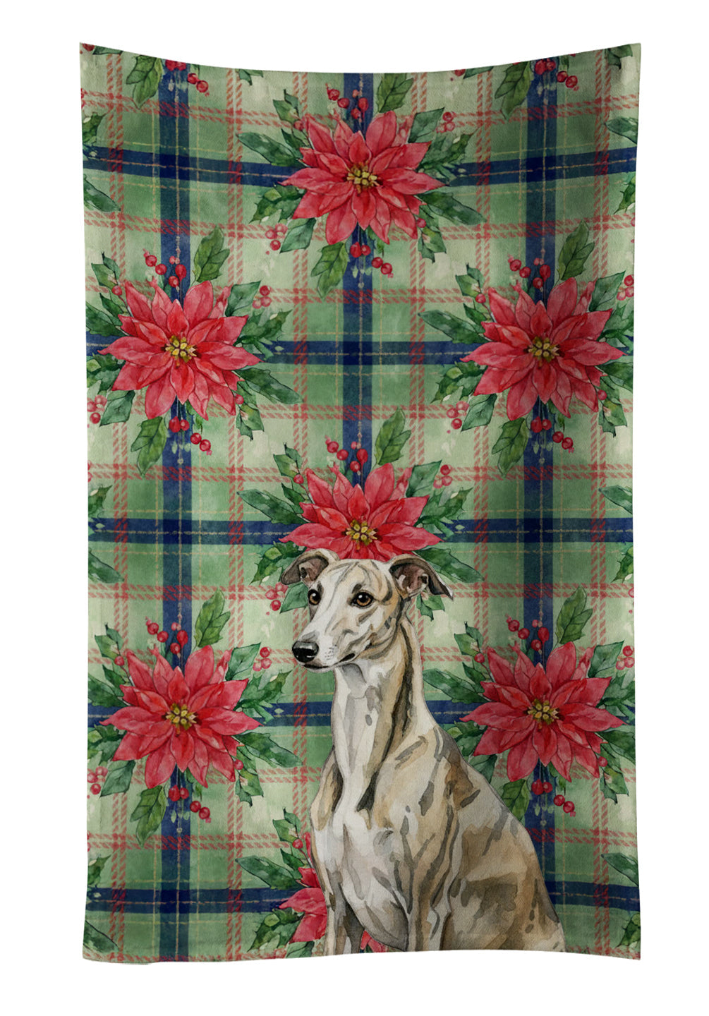 Brindle Whippet Christmas PoinsettIas Kitchen Towel Velour Plush Front and Cotton Loop Back Machine Washable