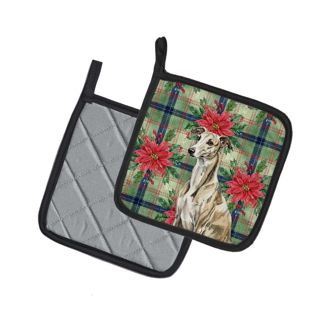 Brindle Whippet Christmas PoinsettIas Pot Holder Set of 2 Heat Resistant Quilted Hot Pads 7.5 x 7.5 Inch, Insulated Kitchen Trivets for Cooking & Baking