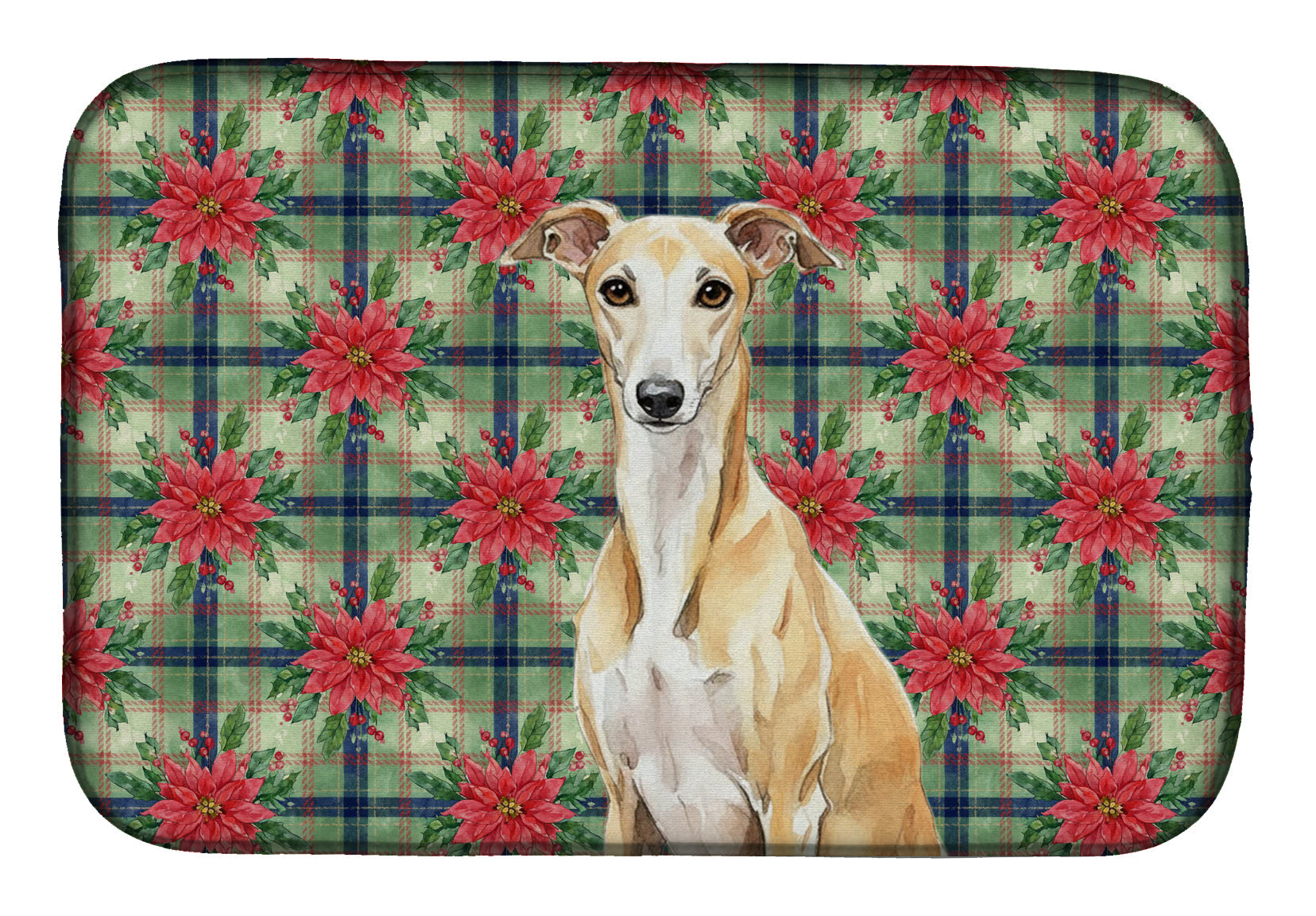 Fawn Whippet Christmas PoinsettIas Dish Drying Mat Absorbent Dish Drying Mat Pad for Kitchen Counter Dish Drainer Mat for Countertop, 14 x 21", Multicolor