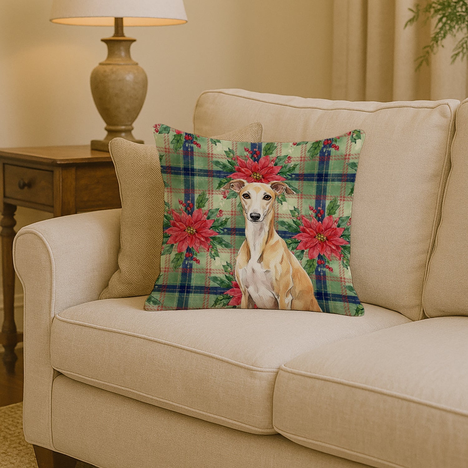 Fawn Whippet Christmas PoinsettIas Decorative Throw Pillow 14x14 Indoor Outdoor Accent Cushion, Fabric Cover with Insert for Sofa, Bed, Porch & Living Room