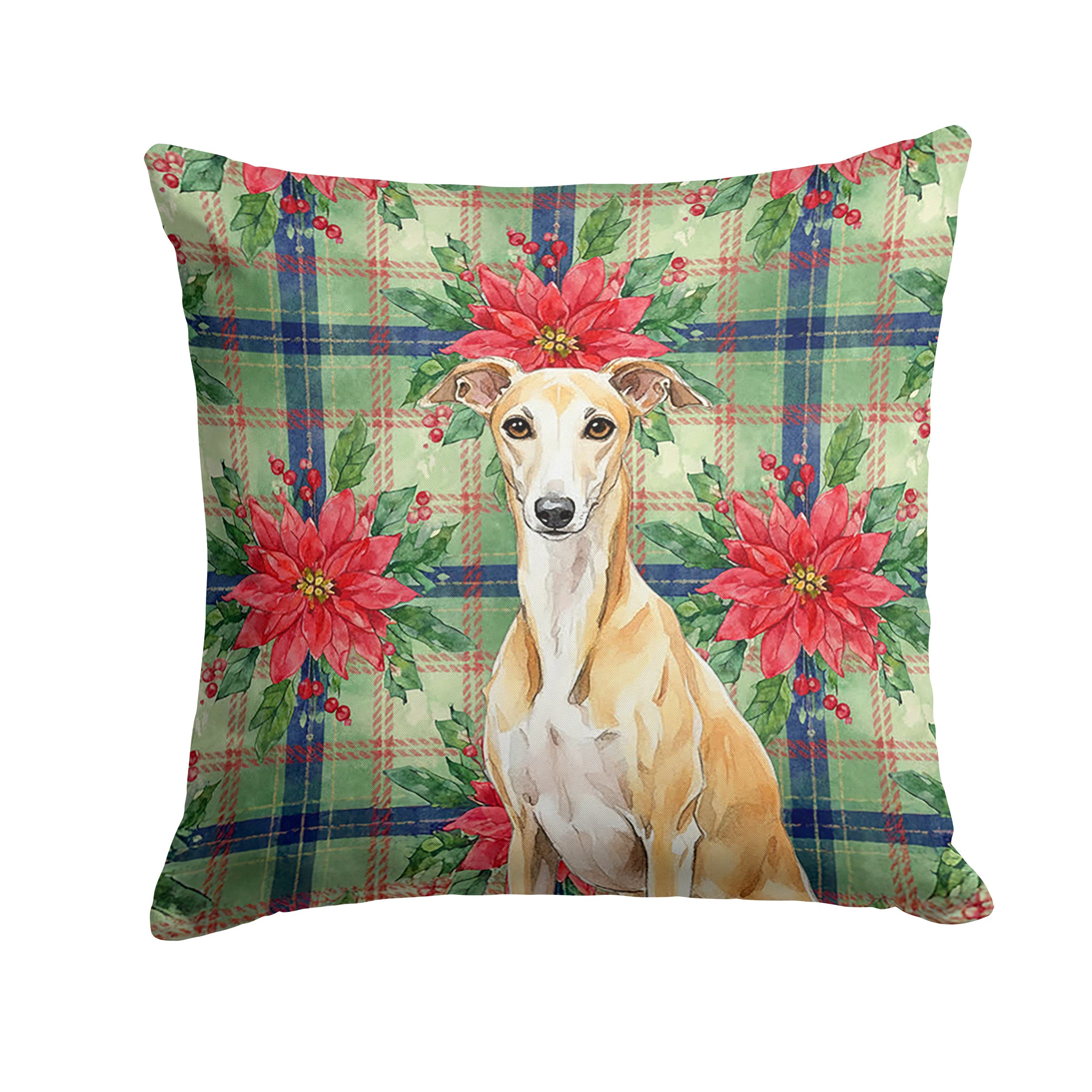 Fawn Whippet Christmas PoinsettIas Decorative Throw Pillow 18x18 Indoor Outdoor Accent Cushion, Fabric Cover with Insert for Sofa, Bed, Porch & Living Room