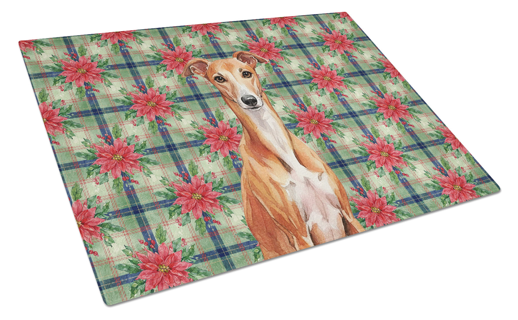 Red Whippet Christmas PoinsettIas Cutting Board Tempered Glass Kitchen Cutting Surface, Heat Resistant Chopping, Non-Slip Feet, Food Prep & Serving