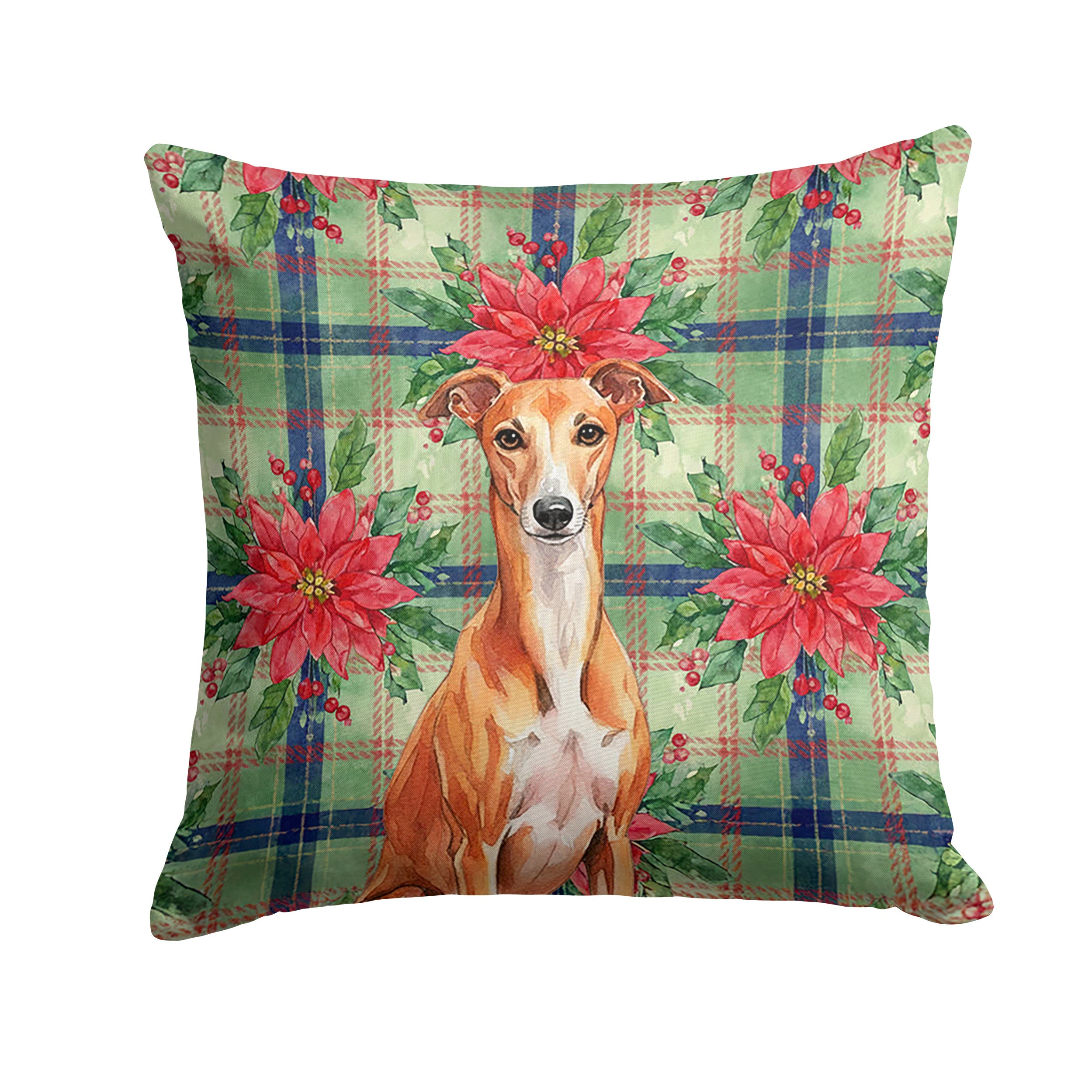 Red Whippet Christmas PoinsettIas Decorative Throw Pillow 18x18 Indoor Outdoor Accent Cushion, Fabric Cover with Insert for Sofa, Bed, Porch & Living Room