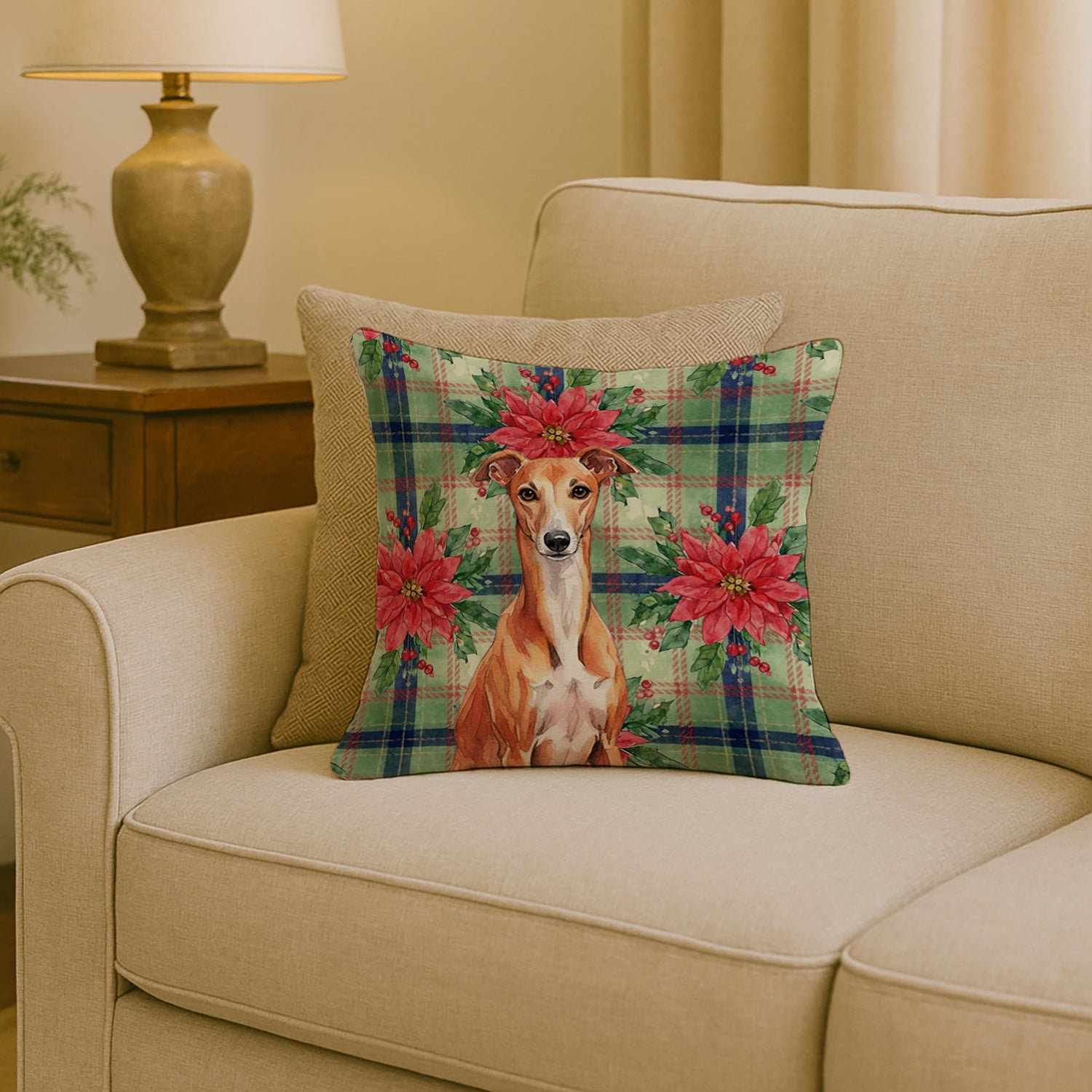 Red Whippet Christmas PoinsettIas Decorative Throw Pillow 18x18 Indoor Outdoor Accent Cushion, Fabric Cover with Insert for Sofa, Bed, Porch & Living Room