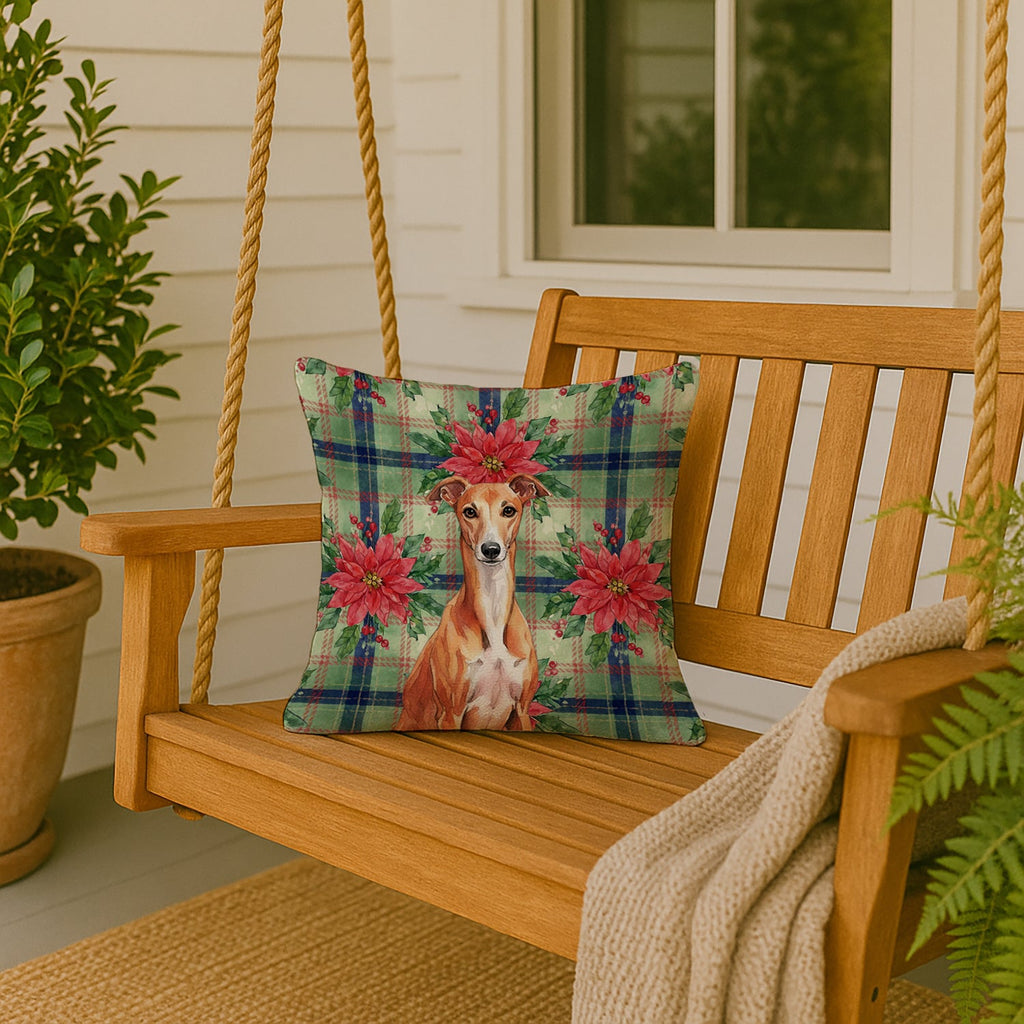 Red Whippet Christmas PoinsettIas Decorative Throw Pillow 18x18 Indoor Outdoor Accent Cushion, Fabric Cover with Insert for Sofa, Bed, Porch & Living Room