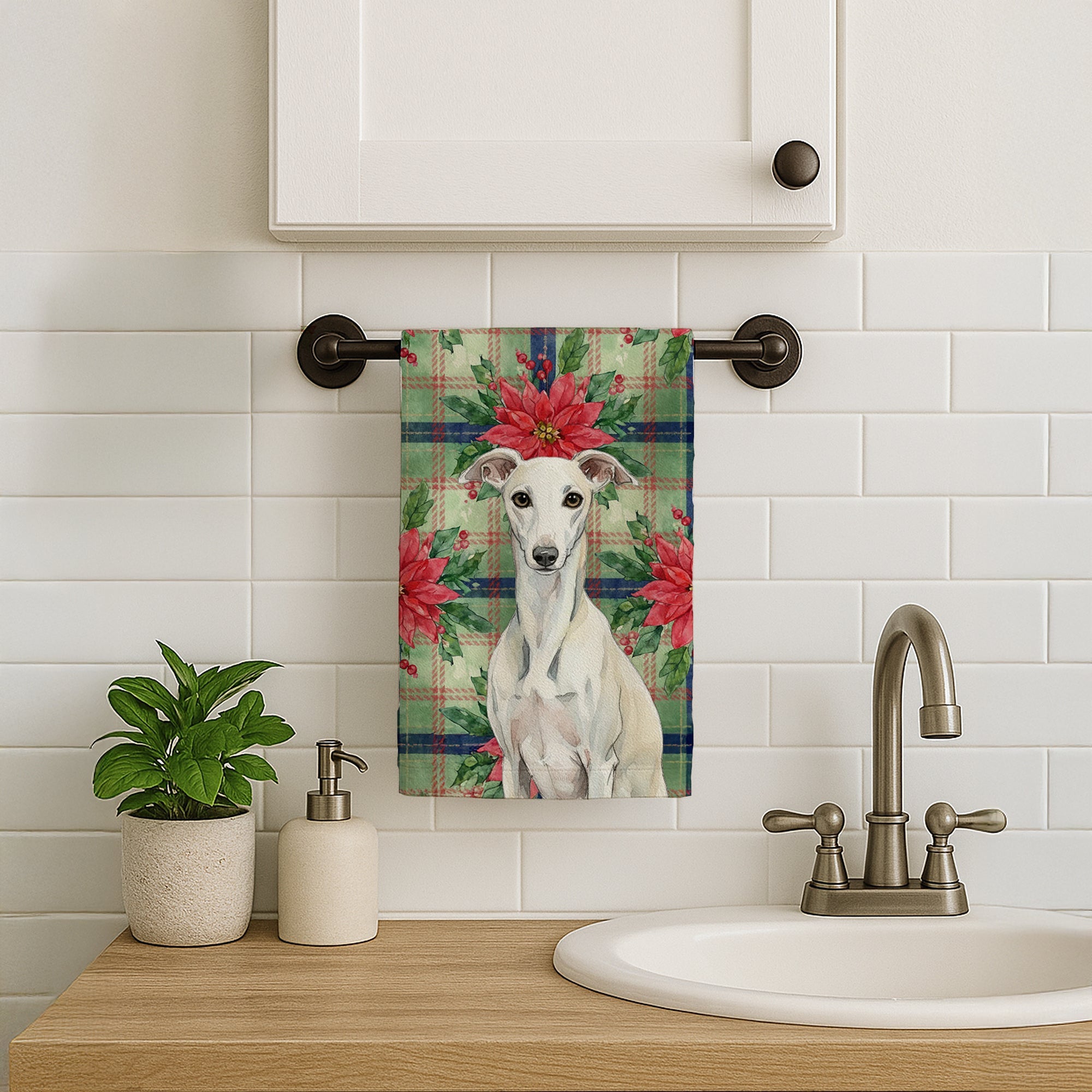 White Whippet Christmas PoinsettIas Kitchen Towel Velour Plush Front and Cotton Loop Back Machine Washable