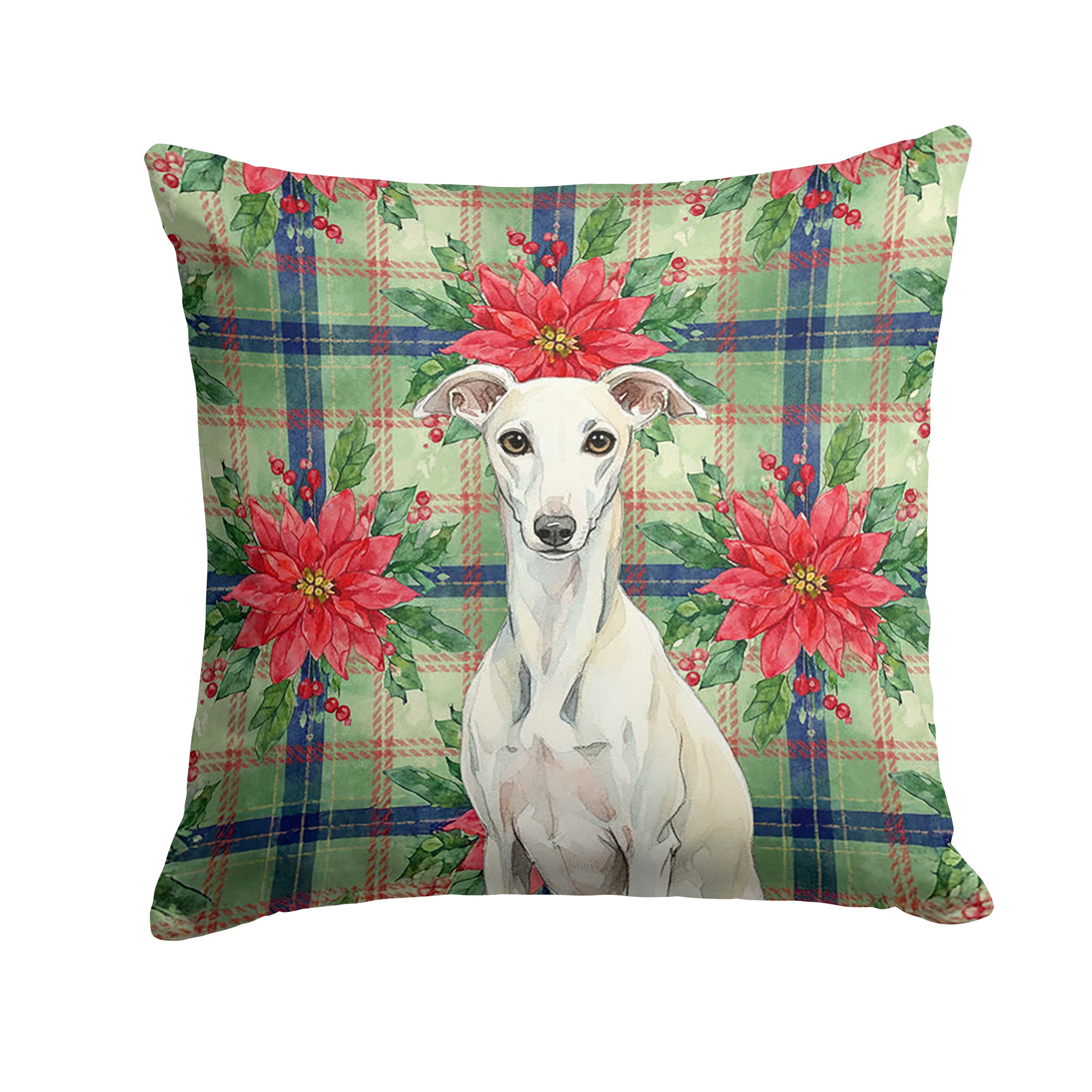 White Whippet Christmas PoinsettIas Decorative Throw Pillow 18x18 Indoor Outdoor Accent Cushion, Fabric Cover with Insert for Sofa, Bed, Porch & Living Room