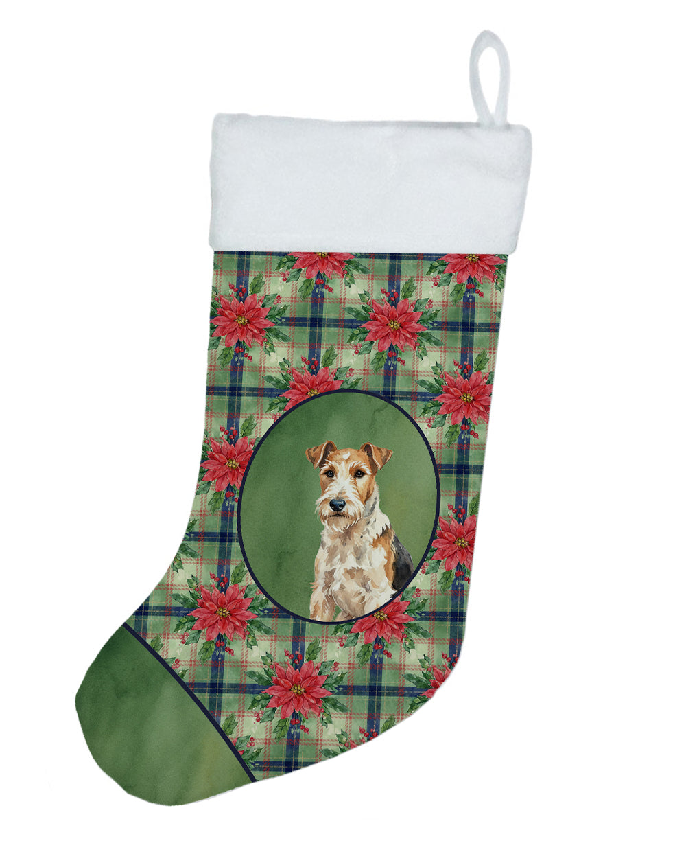 Wire Fox Terrier Christmas PoinsettIas Holiday Stocking Double-Sided Print, Polyester Suede,11x18, Made in USA