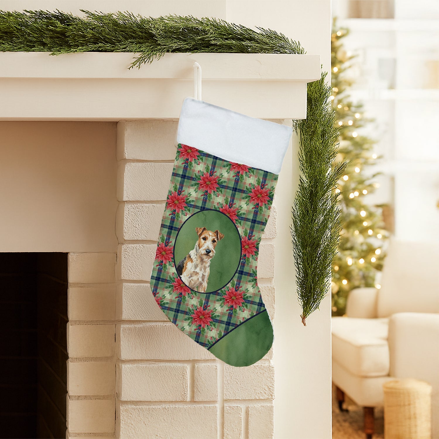 Wire Fox Terrier Christmas PoinsettIas Holiday Stocking Double-Sided Print, Polyester Suede,11x18, Made in USA