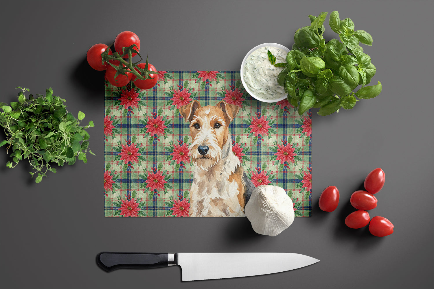 Wire Fox Terrier Christmas PoinsettIas Cutting Board Tempered Glass Kitchen Cutting Surface, Heat Resistant Chopping, Non-Slip Feet, Food Prep & Serving