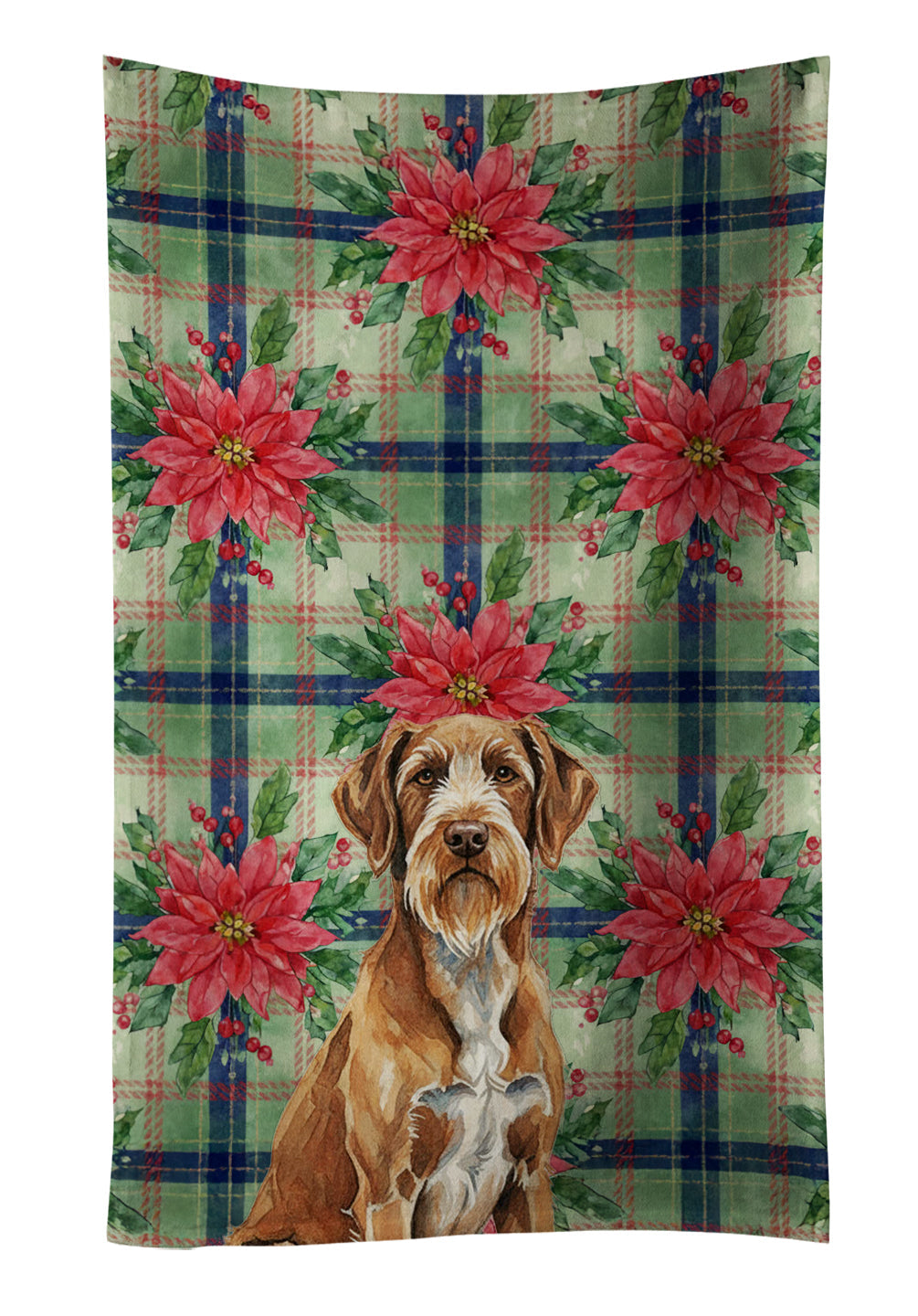 Wirehaired Pointing Griffon Christmas PoinsettIas Kitchen Towel Velour Plush Front and Cotton Loop Back Machine Washable