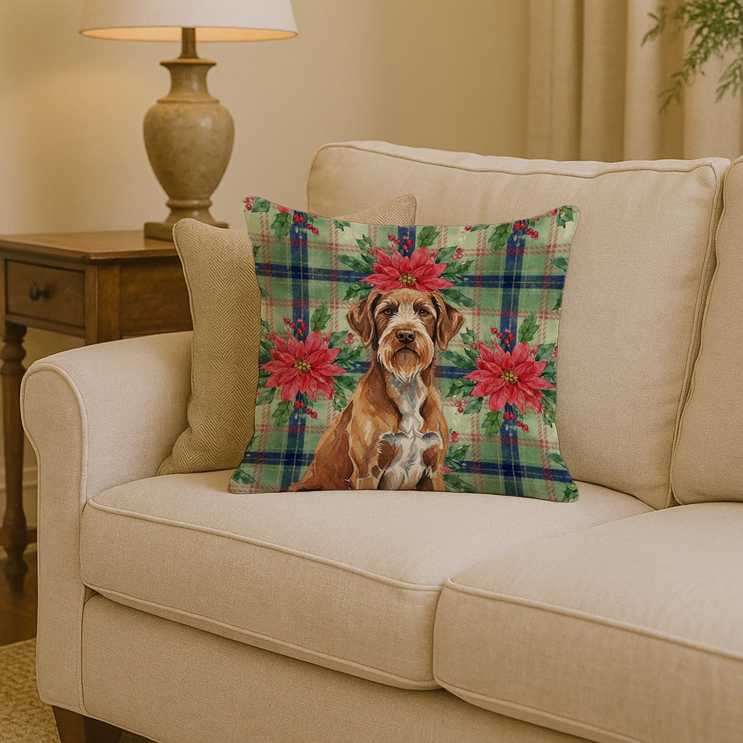 Wirehaired Pointing Griffon Christmas PoinsettIas Decorative Throw Pillow 14x14 Indoor Outdoor Accent Cushion, Fabric Cover with Insert for Sofa, Bed, Porch & Living Room