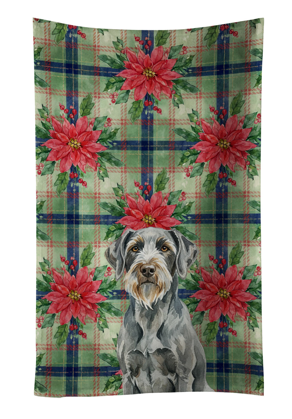 Steel Gray Wirehaired Pointing Griffon Christmas PoinsettIas Kitchen Towel Velour Plush Front and Cotton Loop Back Machine Washable