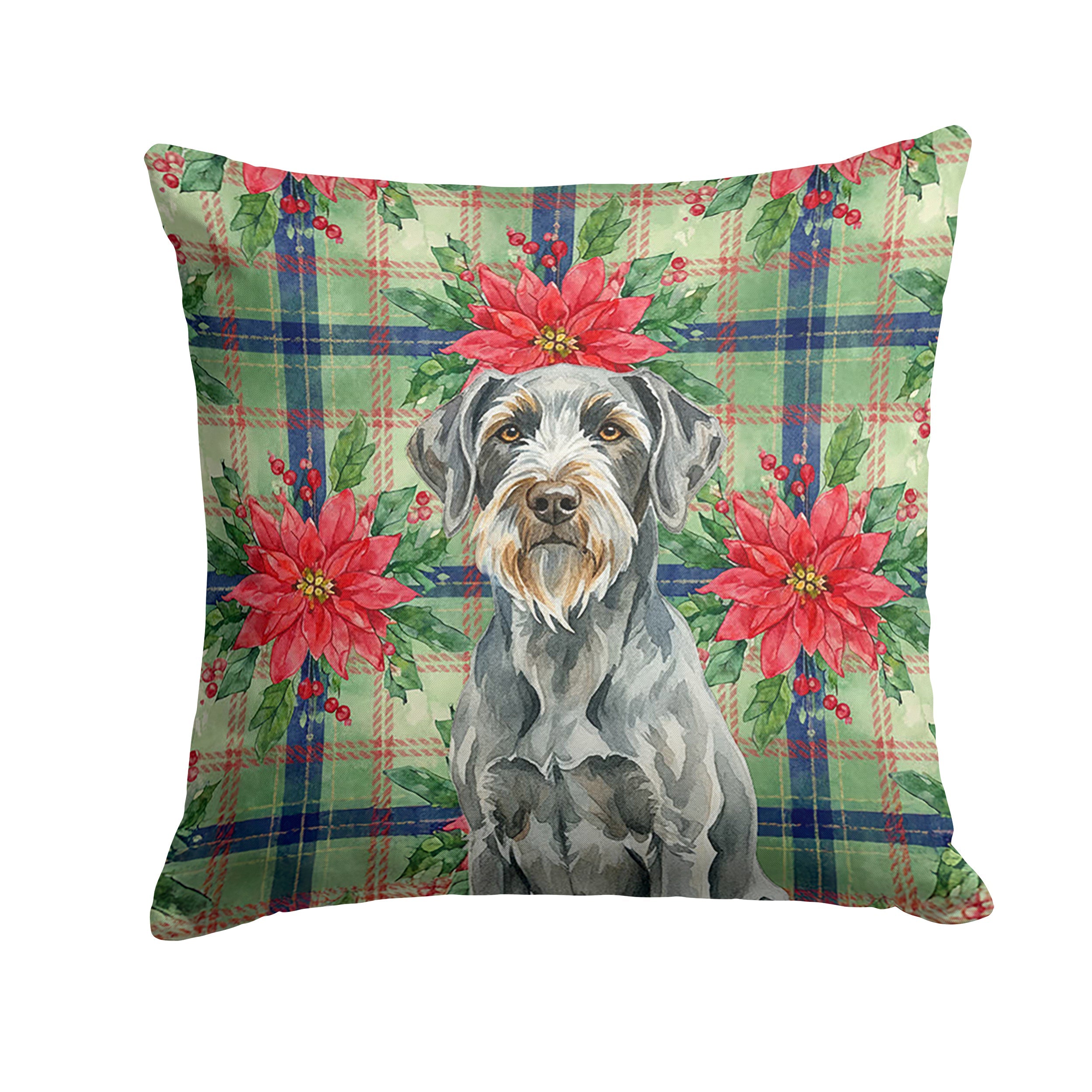 Steel Gray Wirehaired Pointing Griffon Christmas PoinsettIas Decorative Throw Pillow 14x14 Indoor Outdoor Accent Cushion, Fabric Cover with Insert for Sofa, Bed, Porch & Living Room