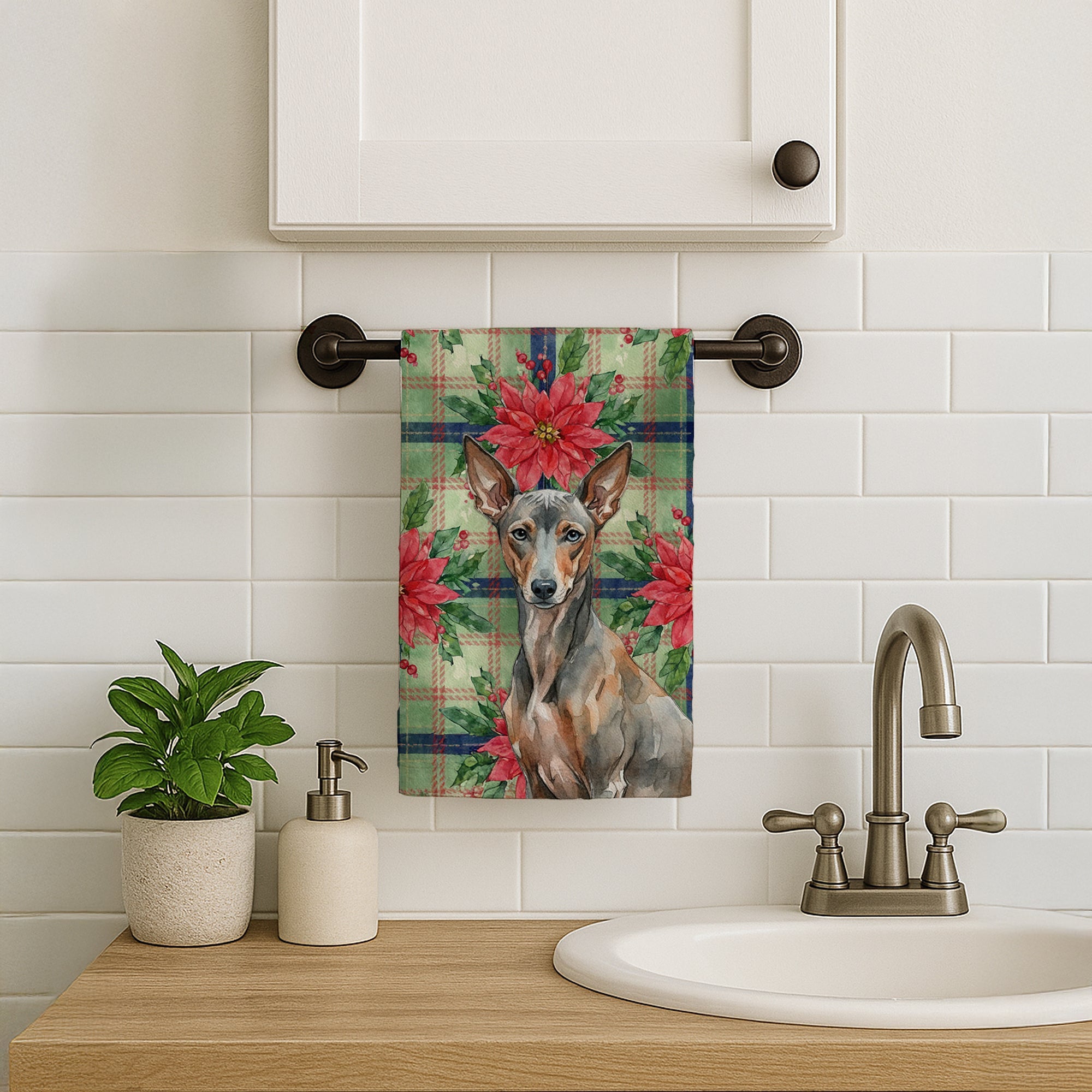Xoloitzcuintli Christmas PoinsettIas Kitchen Towel Velour Plush Front and Cotton Loop Back Machine Washable