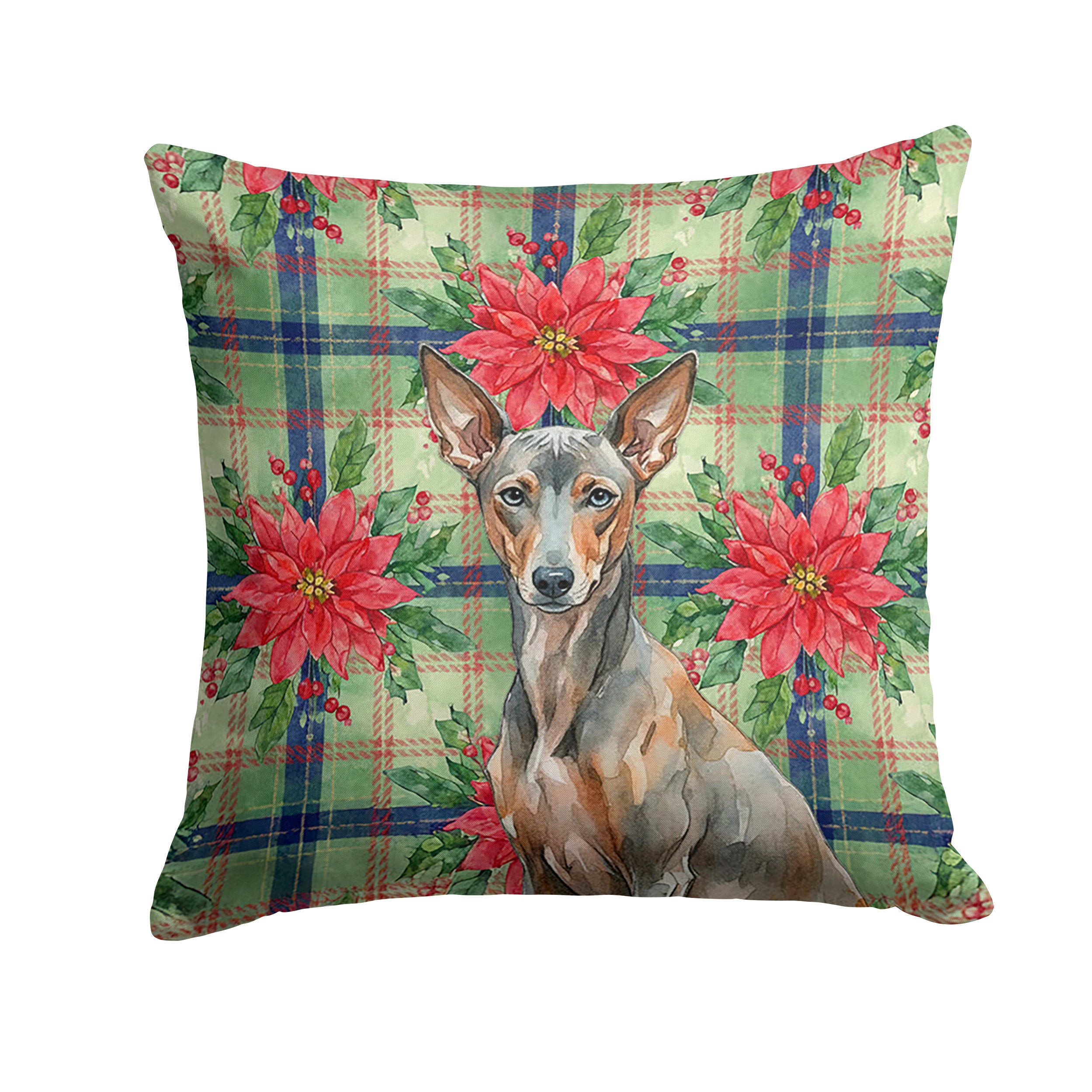 Xoloitzcuintli Christmas PoinsettIas Decorative Throw Pillow 14x14 Indoor Outdoor Accent Cushion, Fabric Cover with Insert for Sofa, Bed, Porch & Living Room