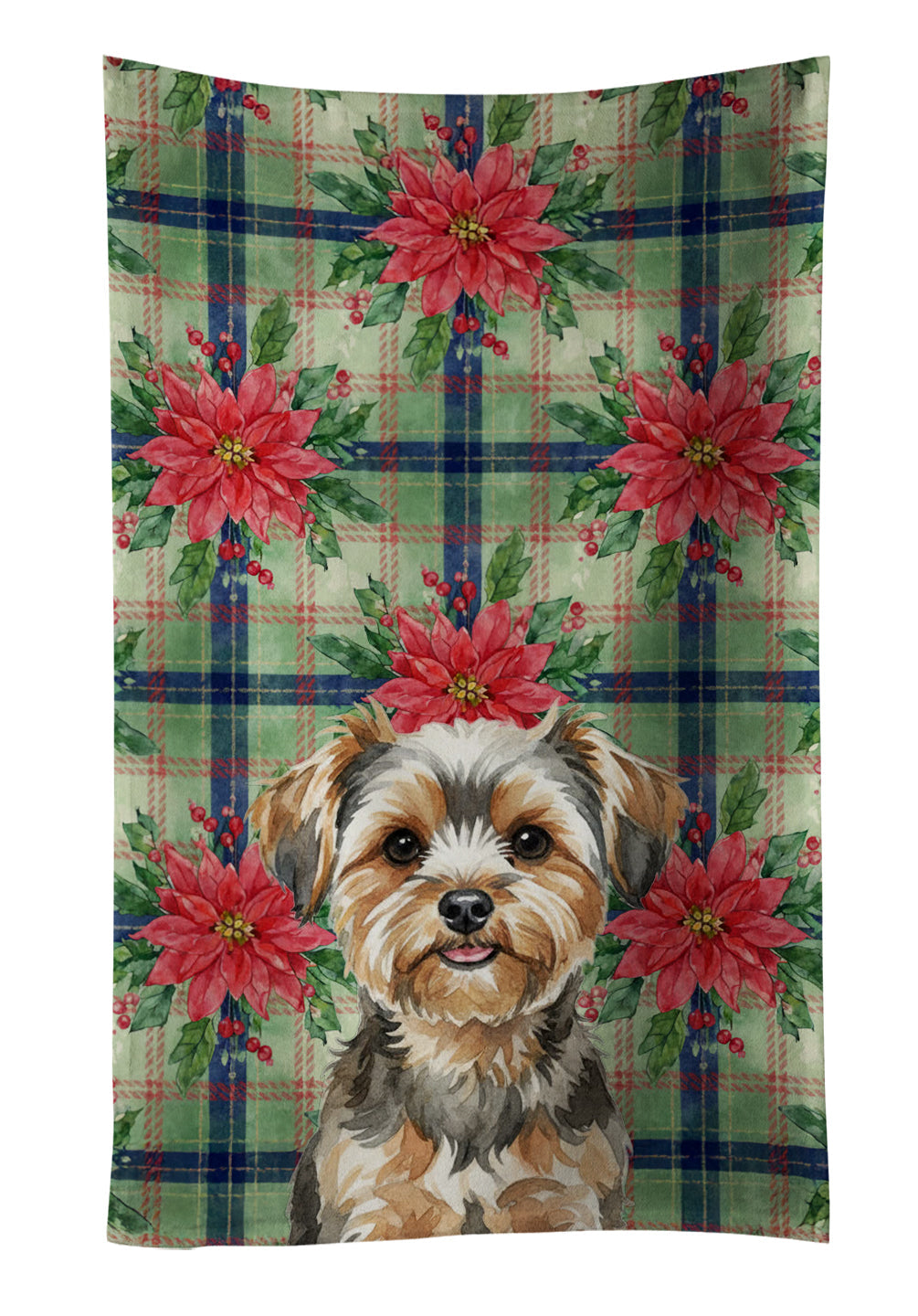 Yorkiepoo Christmas PoinsettIas Kitchen Towel Velour Plush Front and Cotton Loop Back Machine Washable