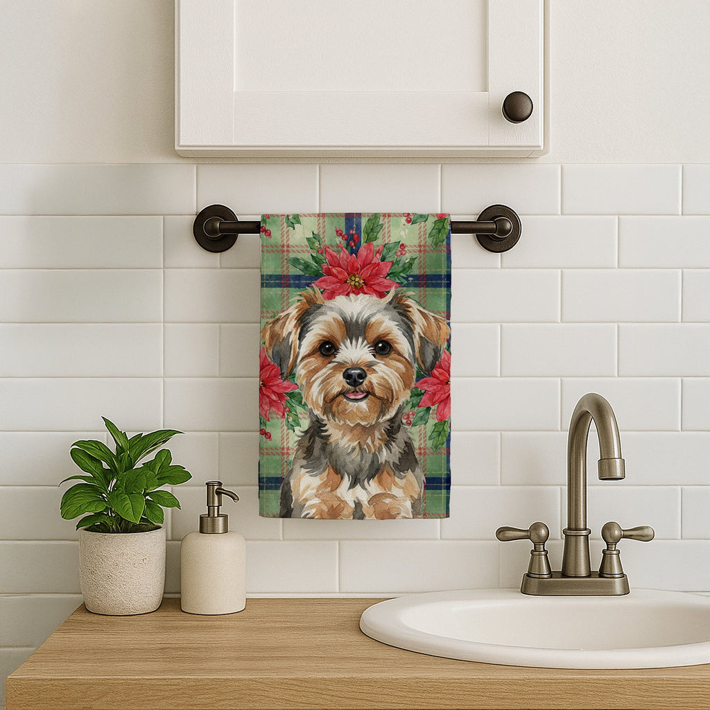 Yorkiepoo Christmas PoinsettIas Kitchen Towel Velour Plush Front and Cotton Loop Back Machine Washable