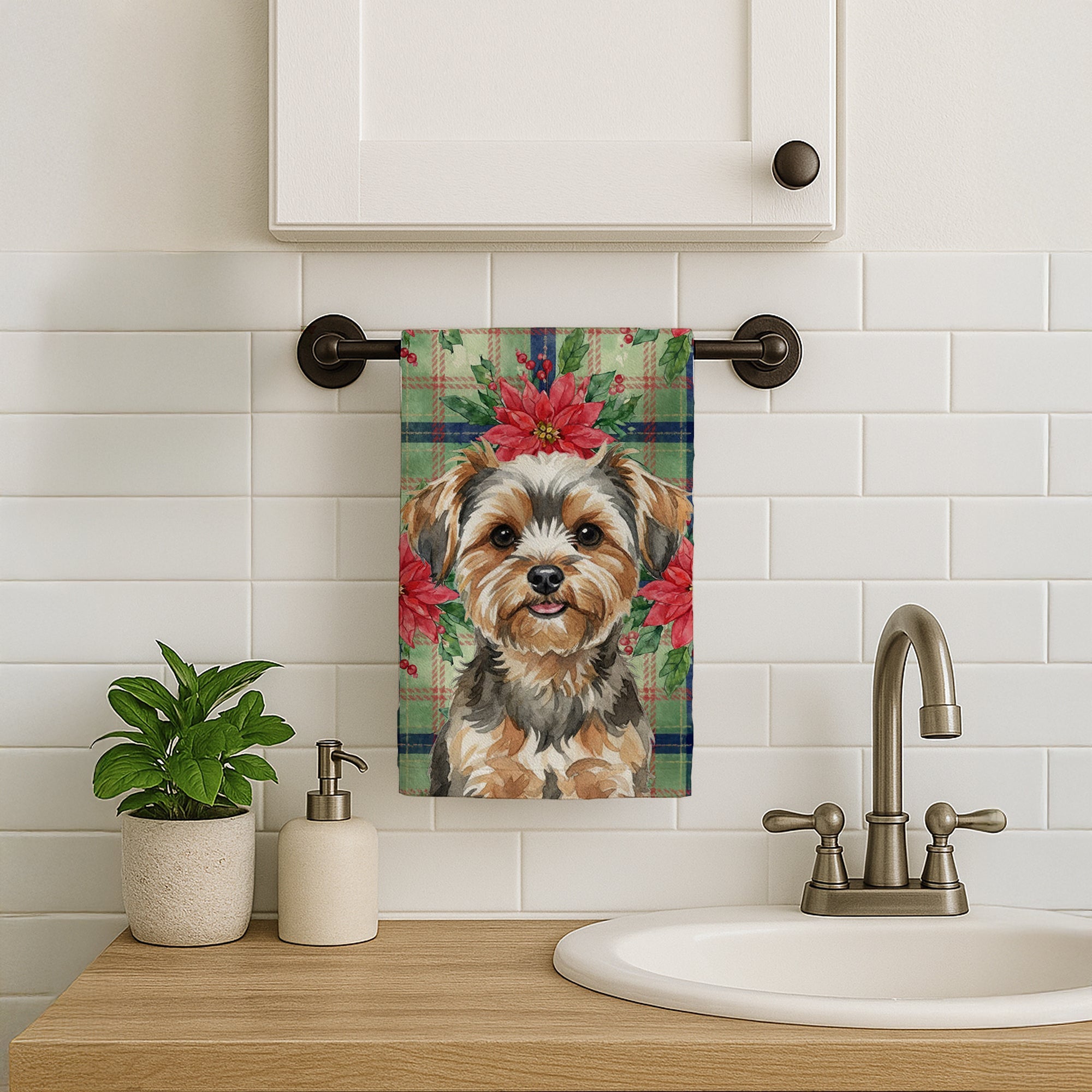 Yorkiepoo Christmas PoinsettIas Kitchen Towel Velour Plush Front and Cotton Loop Back Machine Washable